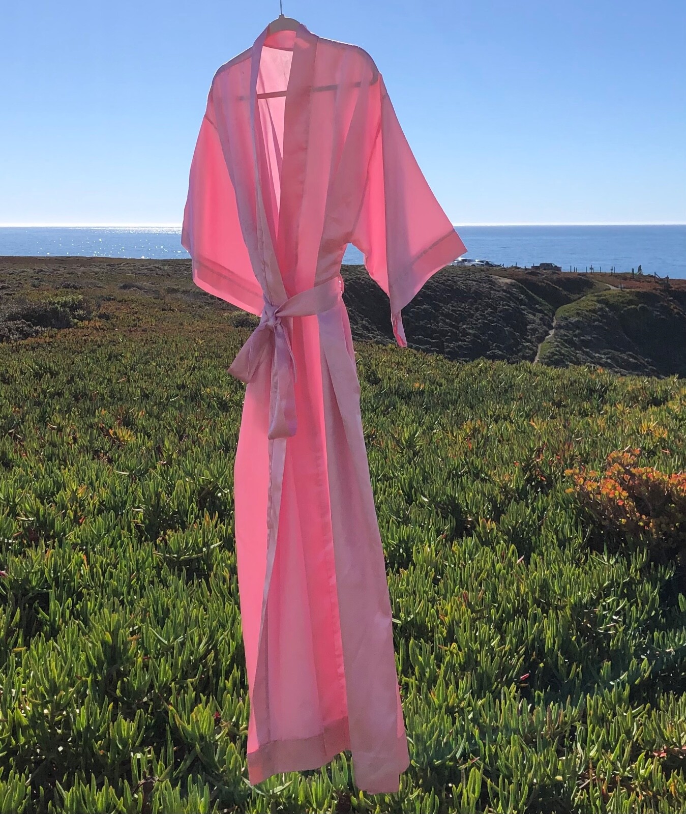 Vintage Silky Long California Dynasty ROBE Pocket & Sash – Pink – FAST SHIPPING