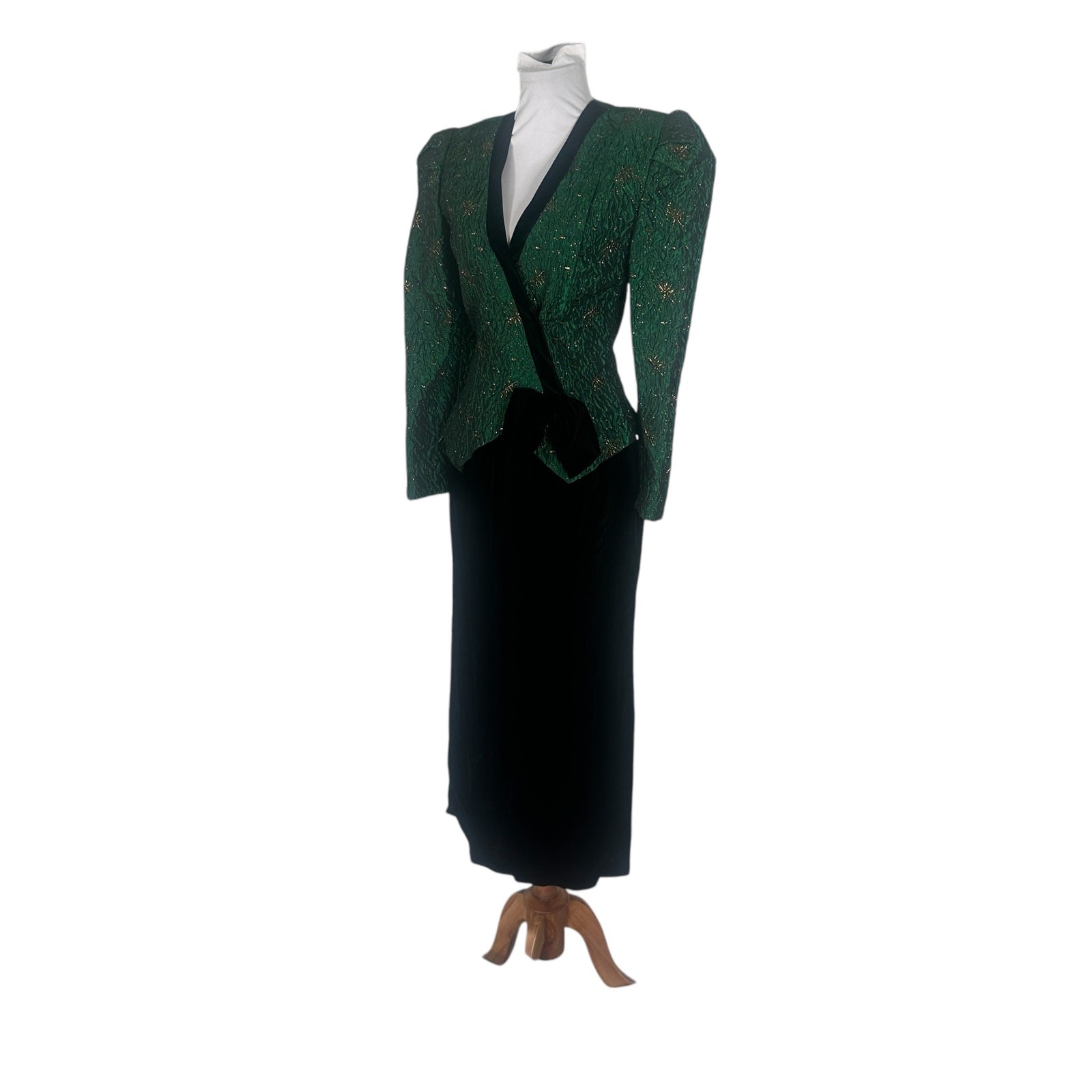 Vintage 1980s Green Gold Brocade and Velvet Two Piece Dress XS/S