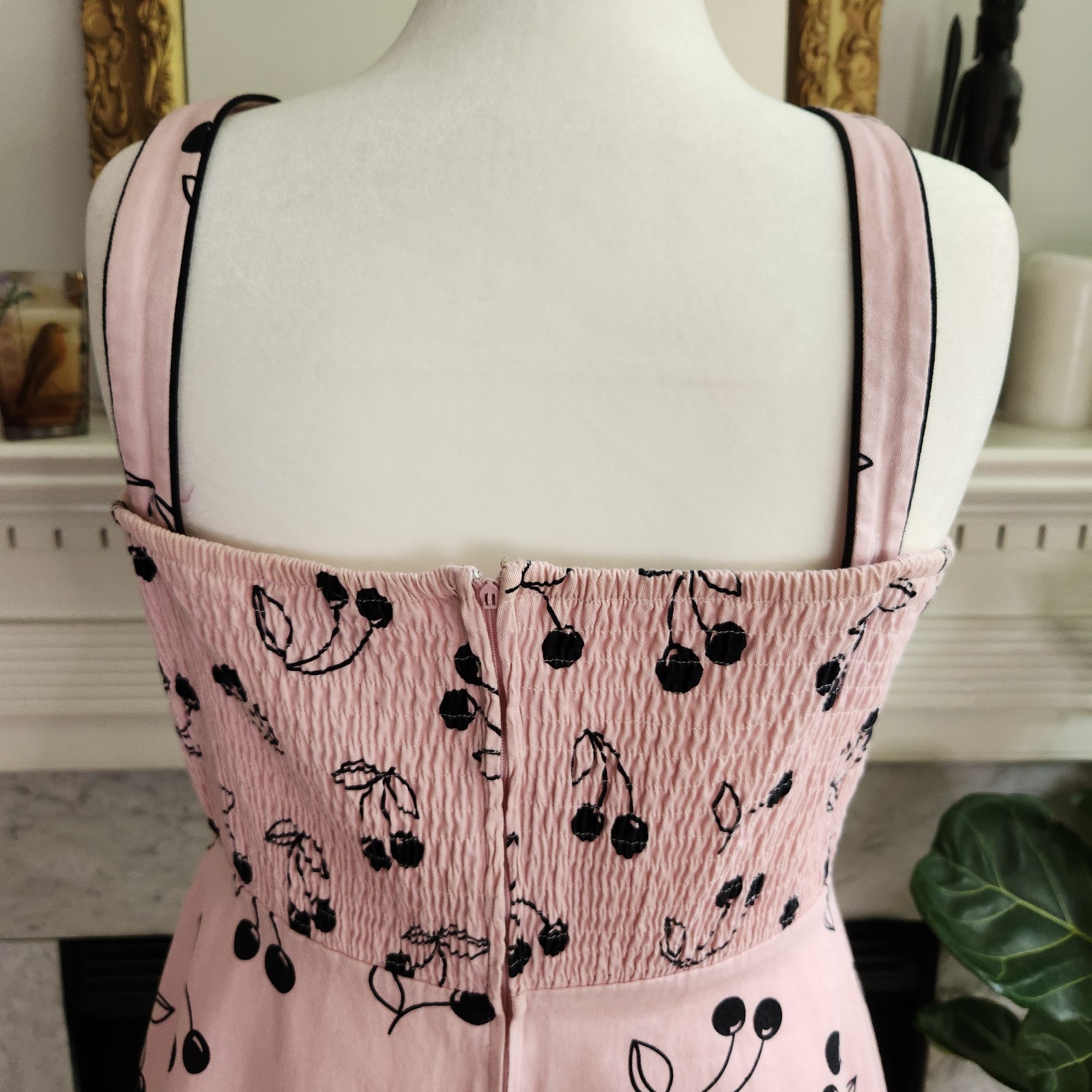 Vintage 90s Pink Cherry Print Dress Sz 12 Black Rockabilly Pinup Twee Retro