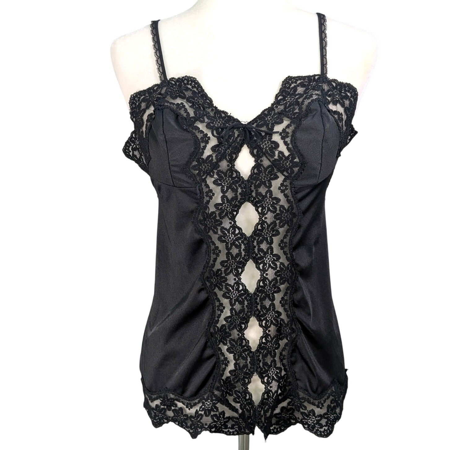 Vintage 70s Glydons Hollywood Nylon Black Floral Lace Keyhole Slip Cami Medium