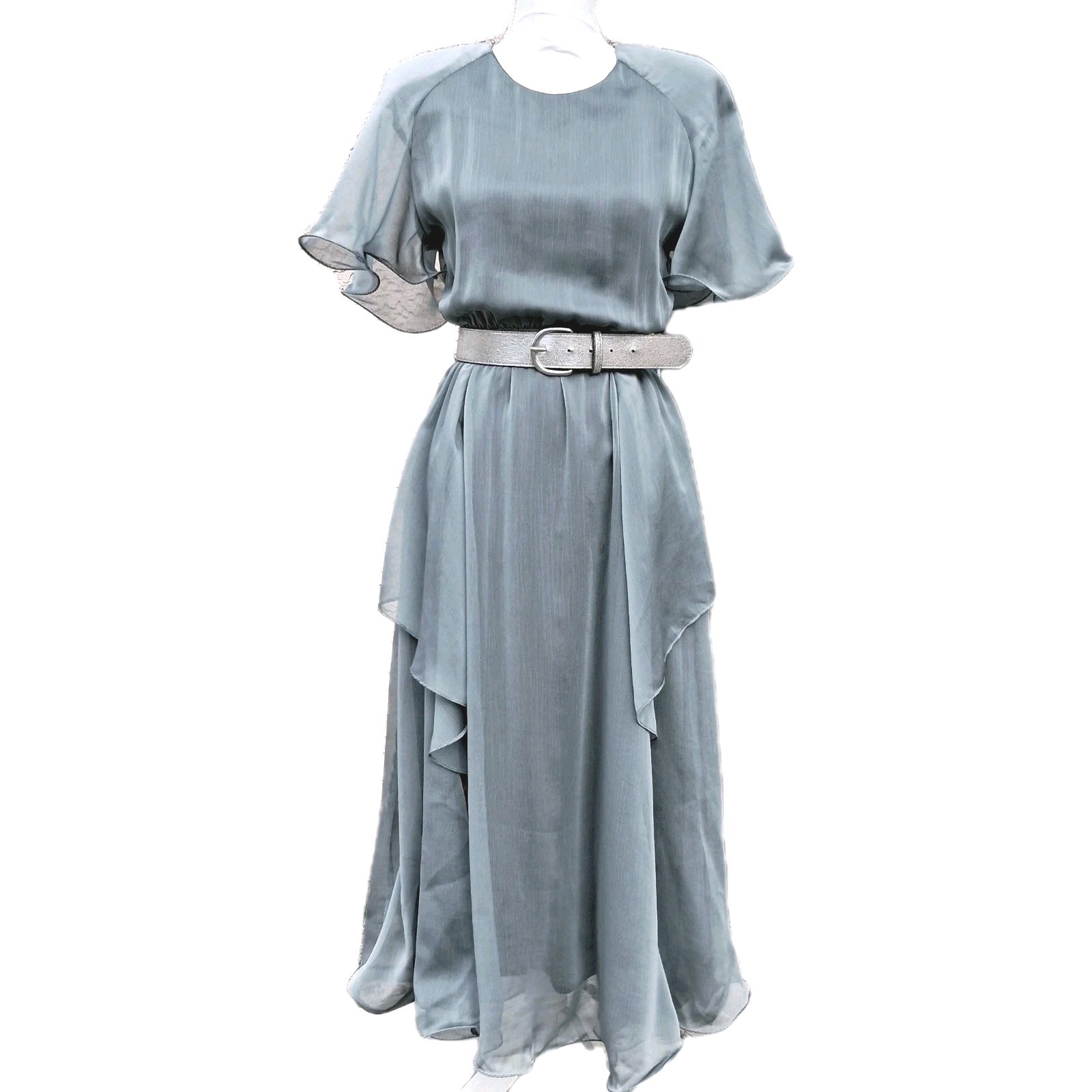 Vtg Spencer Alexis Steel Gray Overlay Dress Sz 4 Made in USA Angel Sleeve