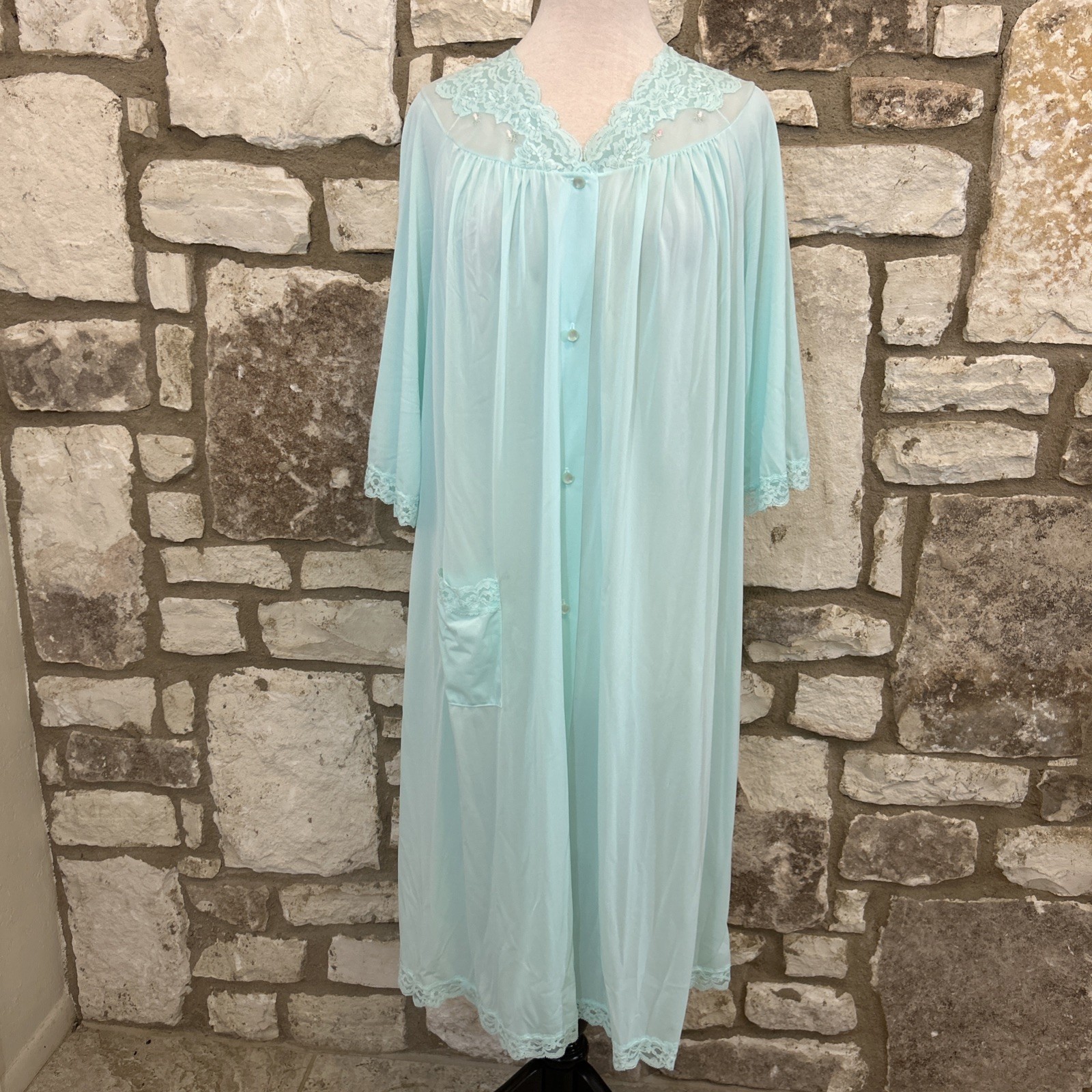 Vintage Shadowline Nightgown Nylon Silky Soft Blue S-M-L- XL Short Sleeved