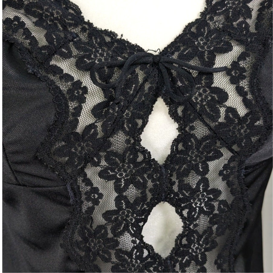 Vintage 70s Glydons Hollywood Nylon Black Floral Lace Keyhole Slip Cami Medium