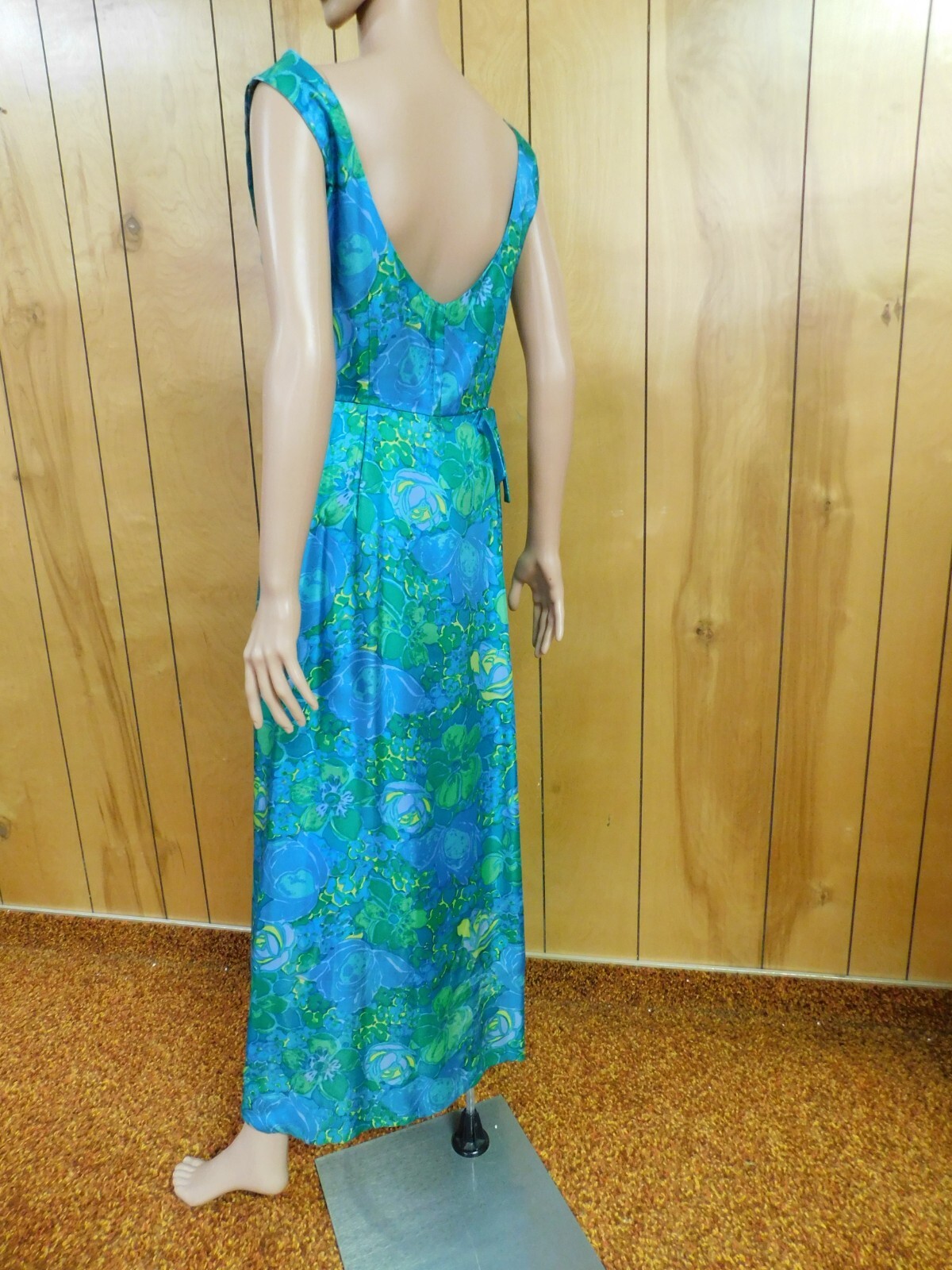 Vintage 70’s Blue Green Yellow Satin Evening Gown Pencil Dress Waist 29″*