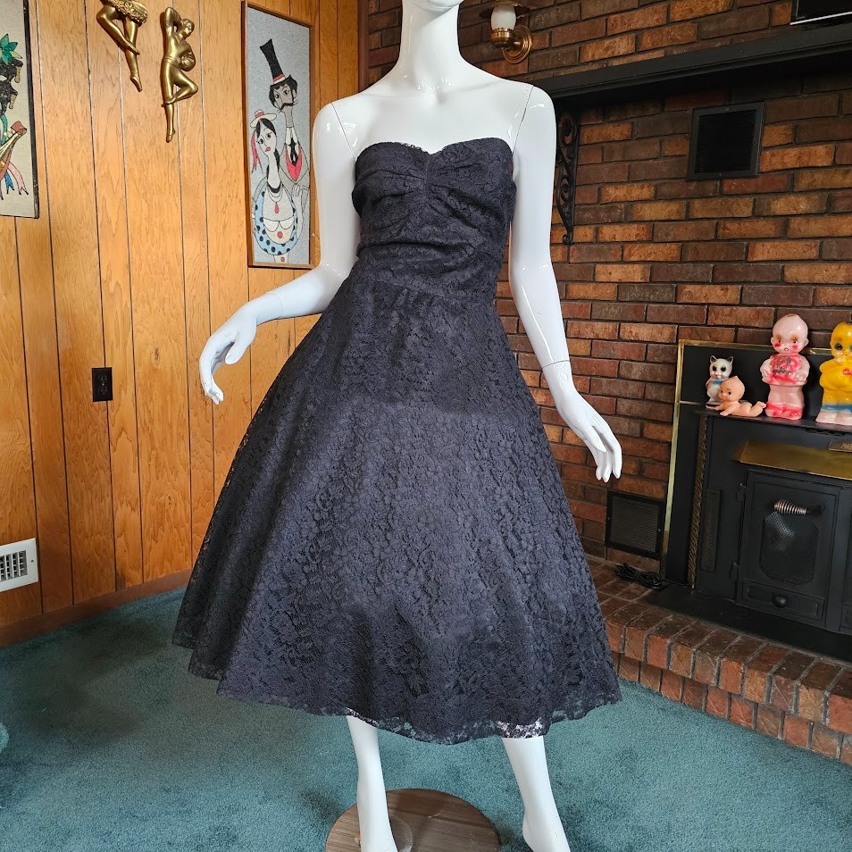 Vintage 1950s Black Lace Circle Prom Evening Cocktail Party Dress w/ Bolero XS/S
