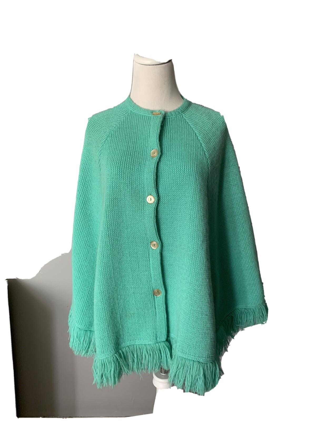 Womens Vintage Shawl Poncho Teal Fringe 1960s 1970s Carol Brent Hippy Boho