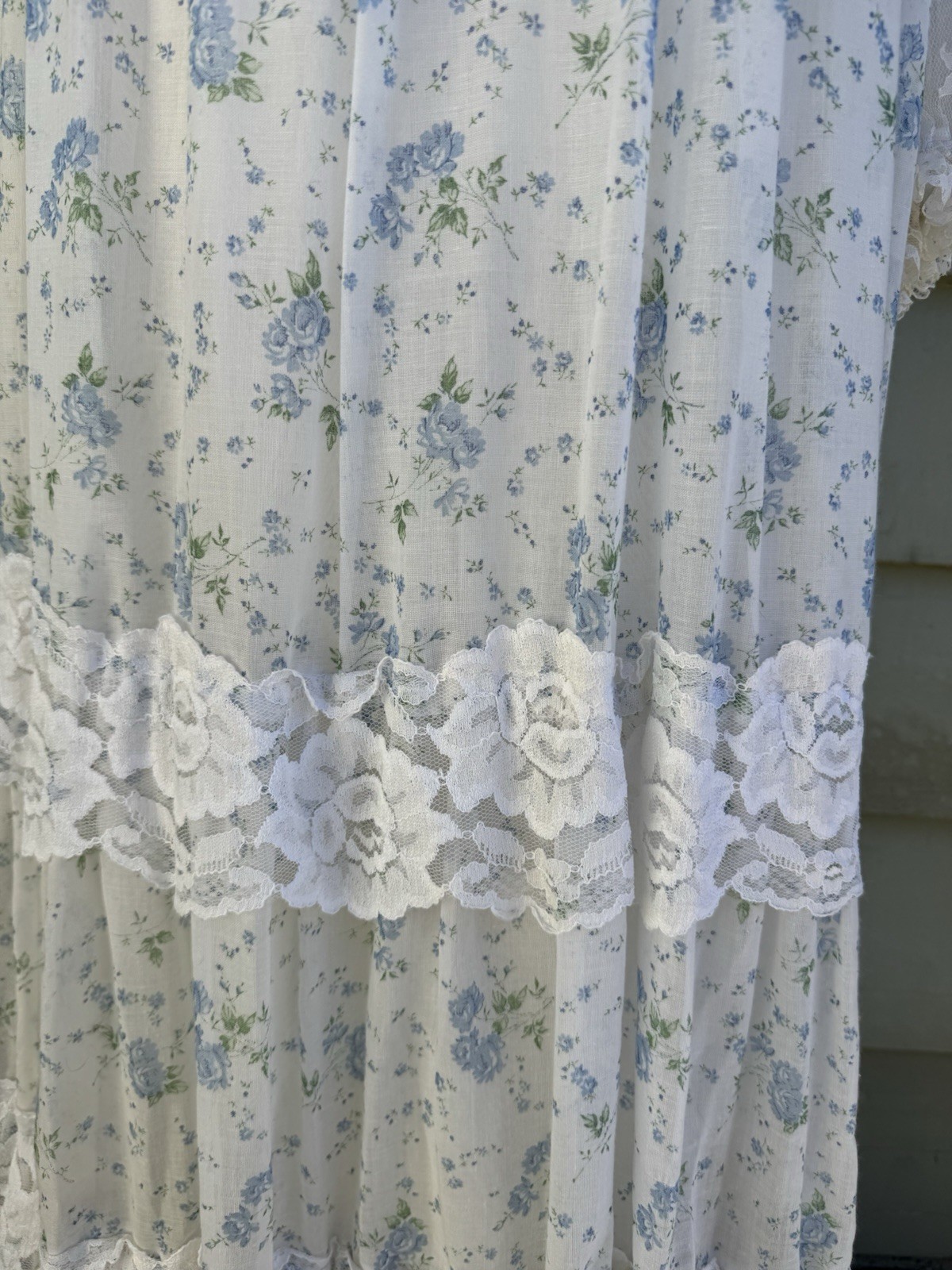 Gunne Sax Maxi Dress Blue White Flowers Lace Long Sleeve Cottagecore Boho 9/10 M