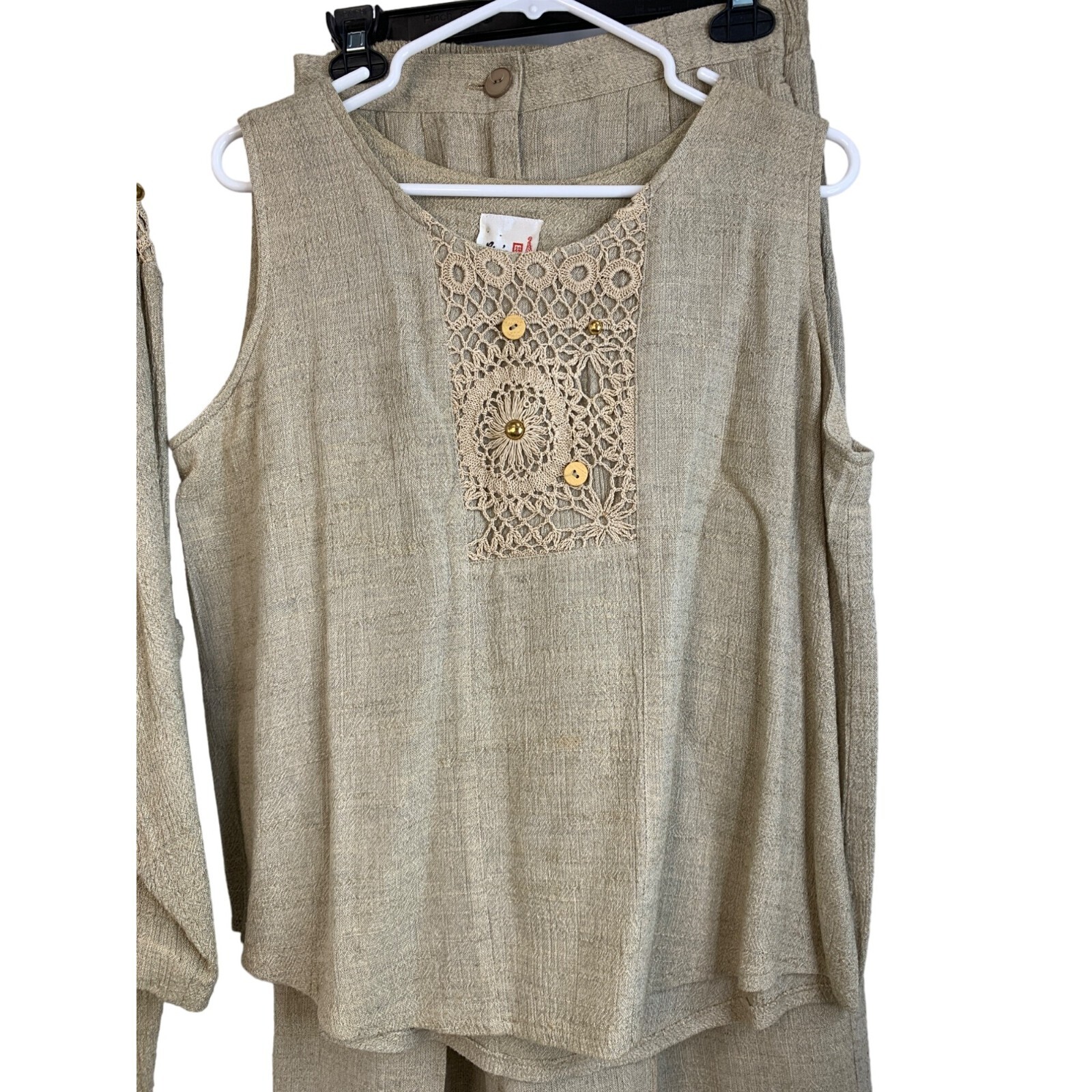 Rare Womens Lim’s VTG 3 Piece Crochet Linen Pant Suit GrannyCore M/L USA 7158