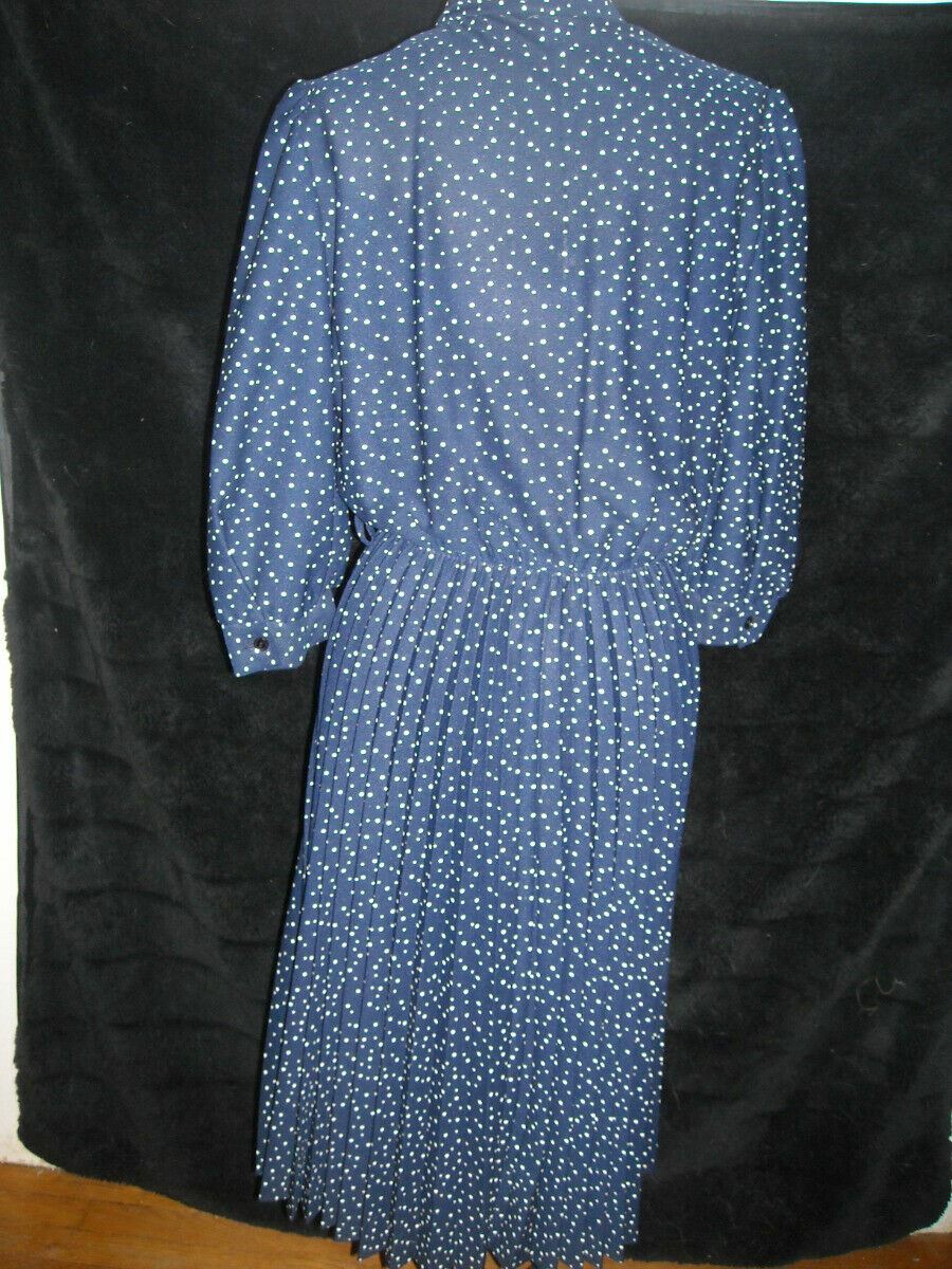 VTG 60S WOMENS 12 BLUE POLKA DOT PRINT 40S 50S STYLE SECRETARY POLYESTER DRESS