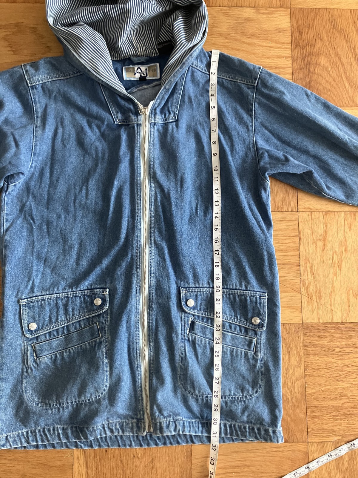 Vintage 90s Andy Johns Long Denim Jean Jacket Zip Front Hooded Women’s M