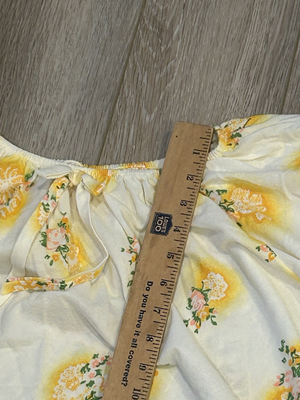 Vintage Womens BOHO Peasant White Yellow Floral Short Bell Sleeve House Dress