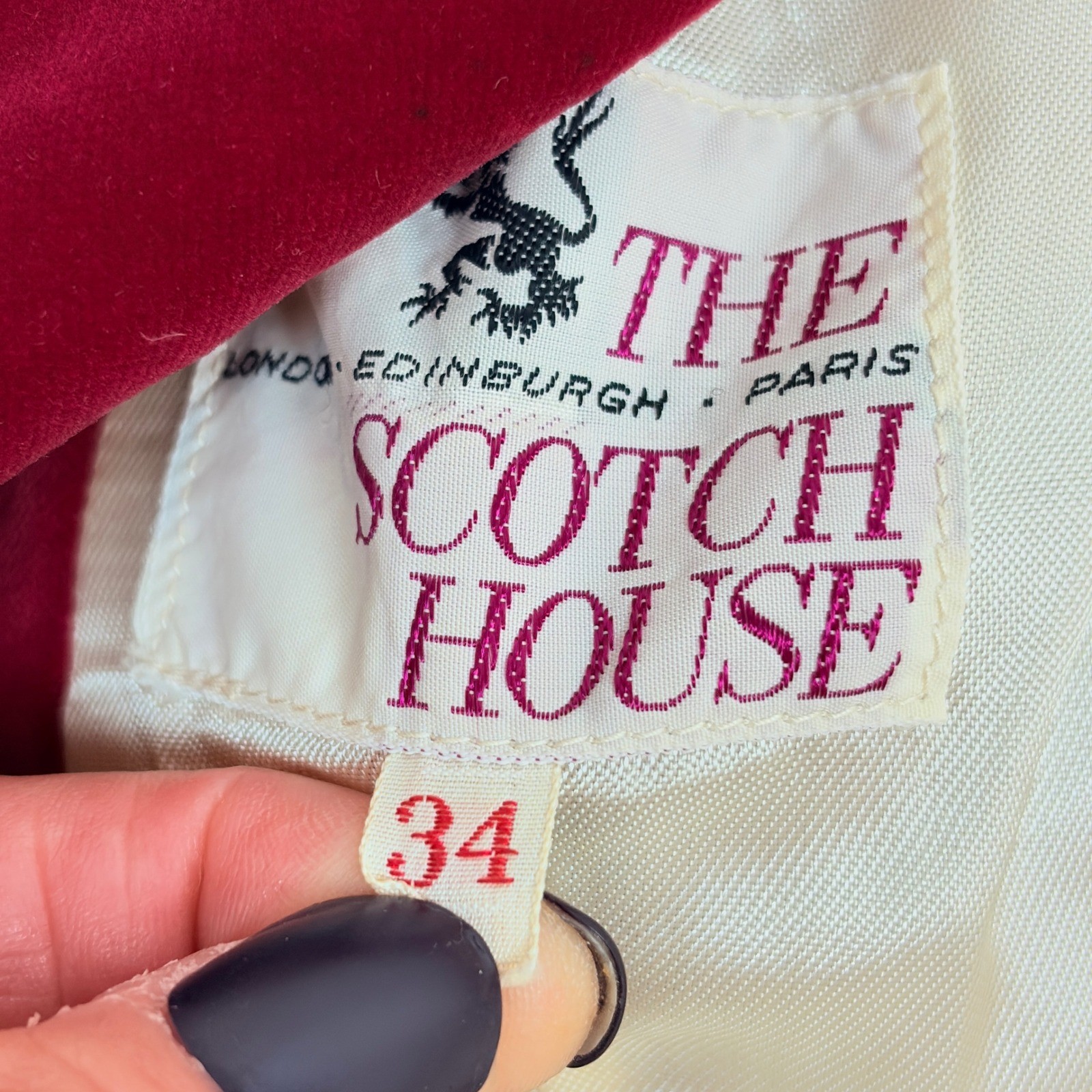 Scotch House Vtg Scarlet Red Velvet Riding Military Jacket Ornate Buttons sz 34