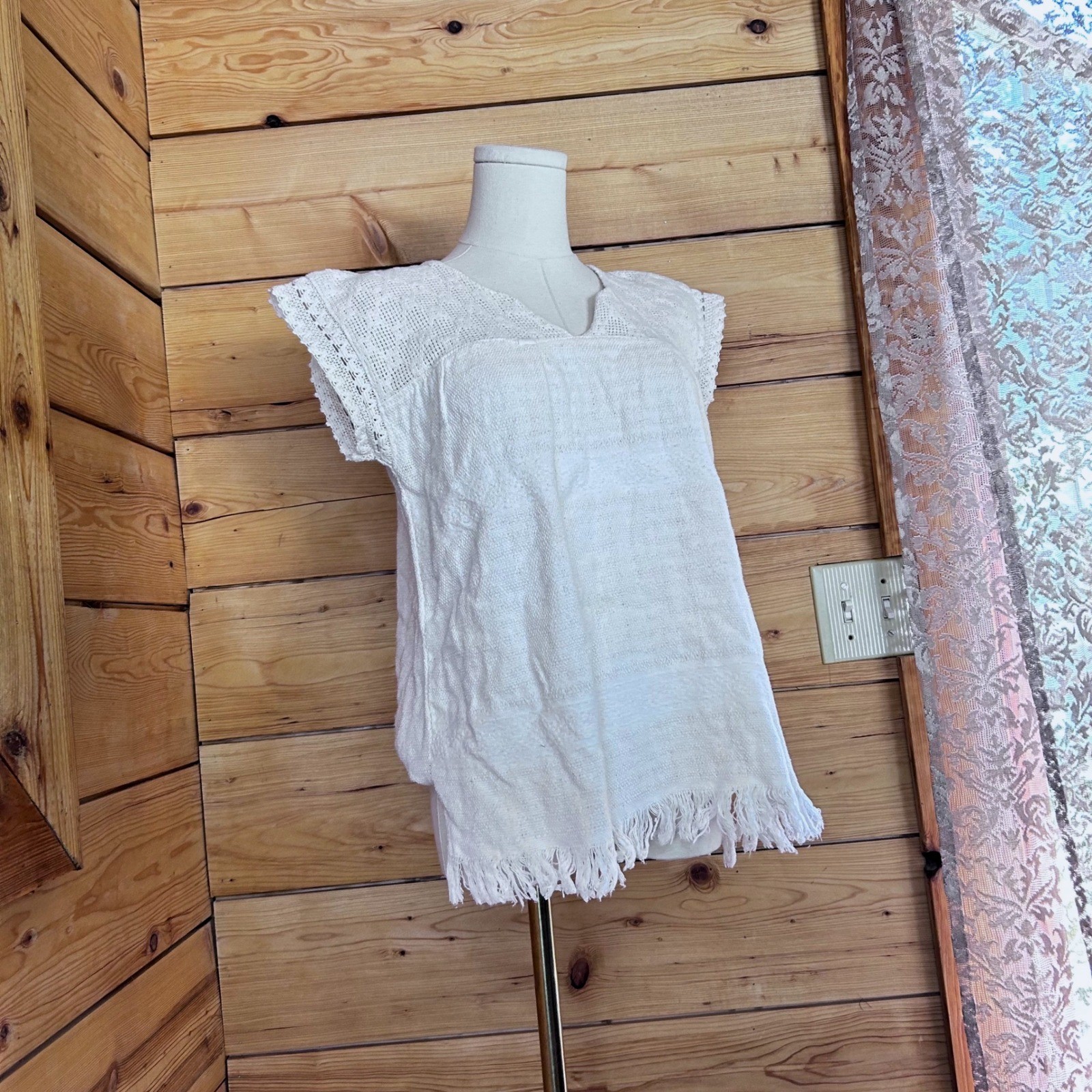 Vintage Blouse Women Large White Raw Cotton Tunic Crochet Lace Fringe Handmade
