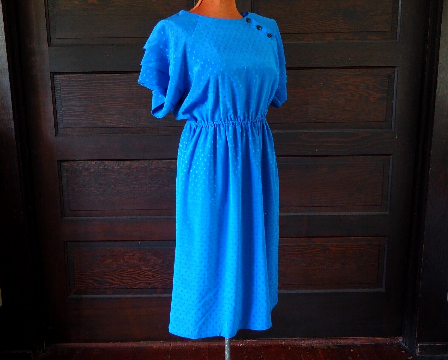 VTG Royal Blue Polka Dot Hostess Cocktail Elastic Waist Blouson Slit Tea Dress M