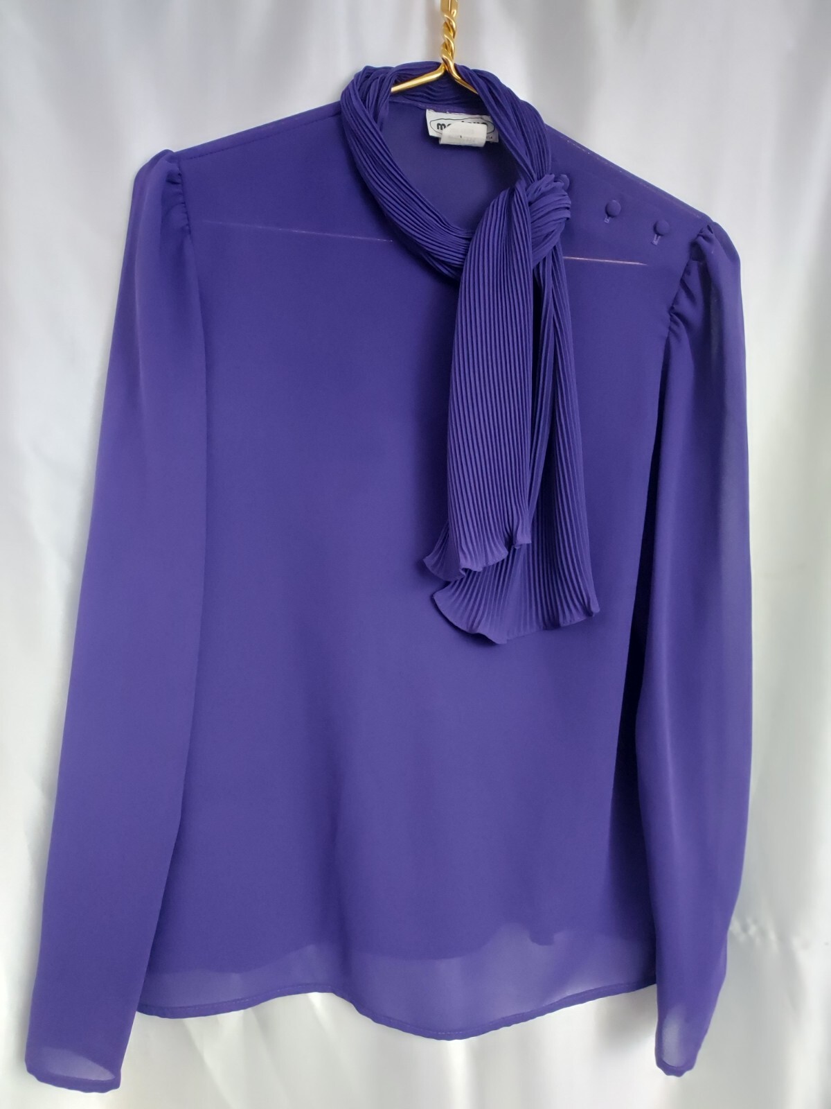 vintage monique california blouse size 11/12 purple tie neck semi sheer top