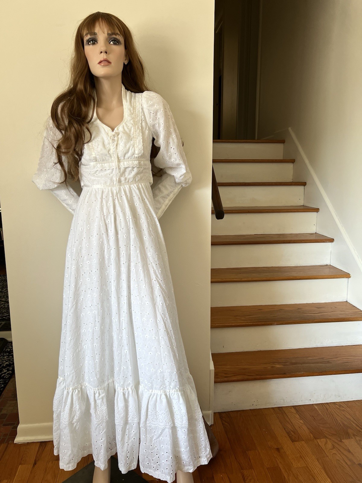 Gunne Sax by Jessica White Eyelet Lace Prairie Dress 1970s 24” waist s/xs