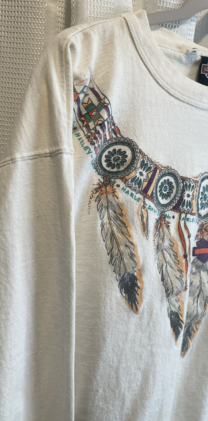 Vintage Harley Davidson Long Sleeve Size Medium Native Feather Print Bloomington