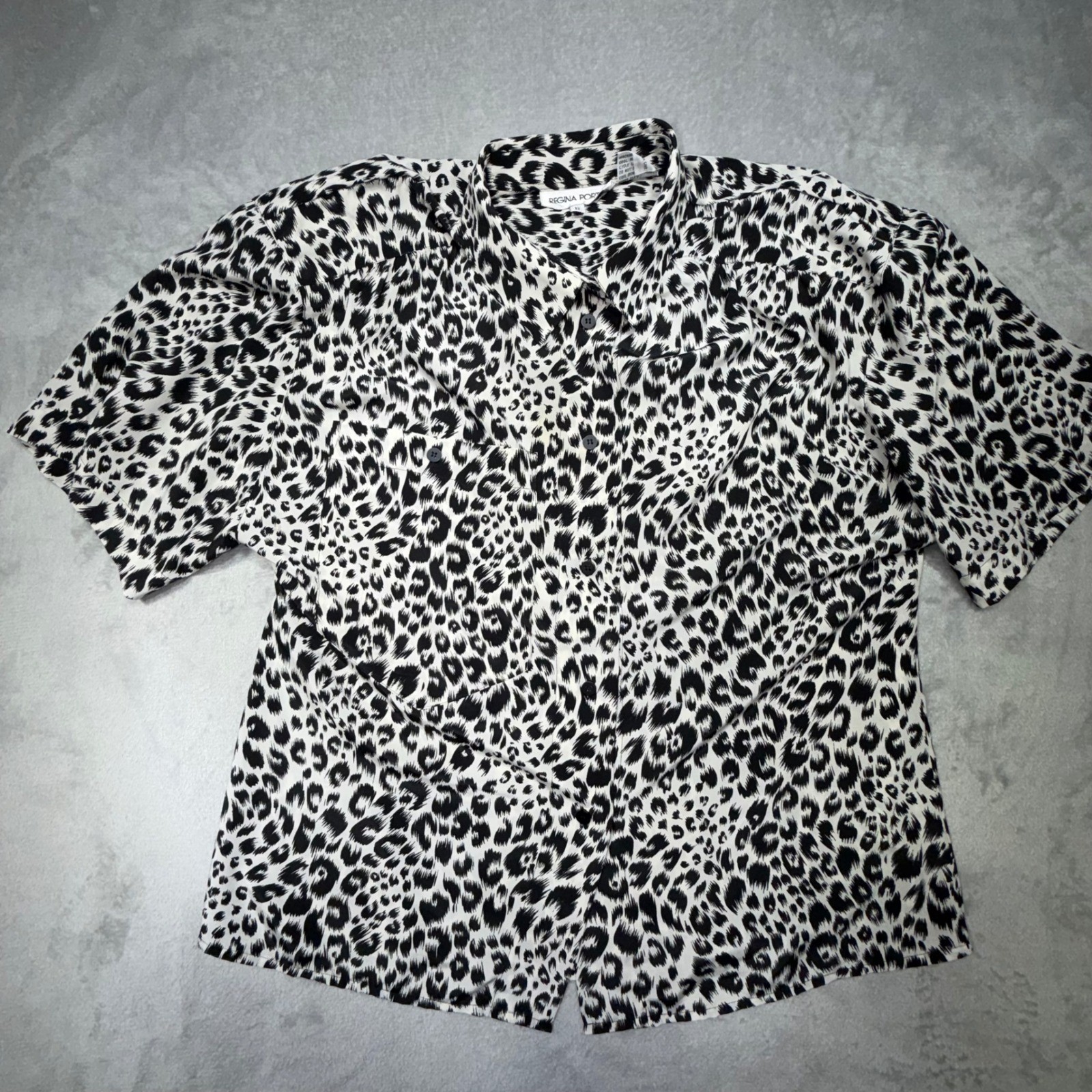 Vintage Regina Porter Leopard Print Button Down Shirt Size 12 Black White 90s