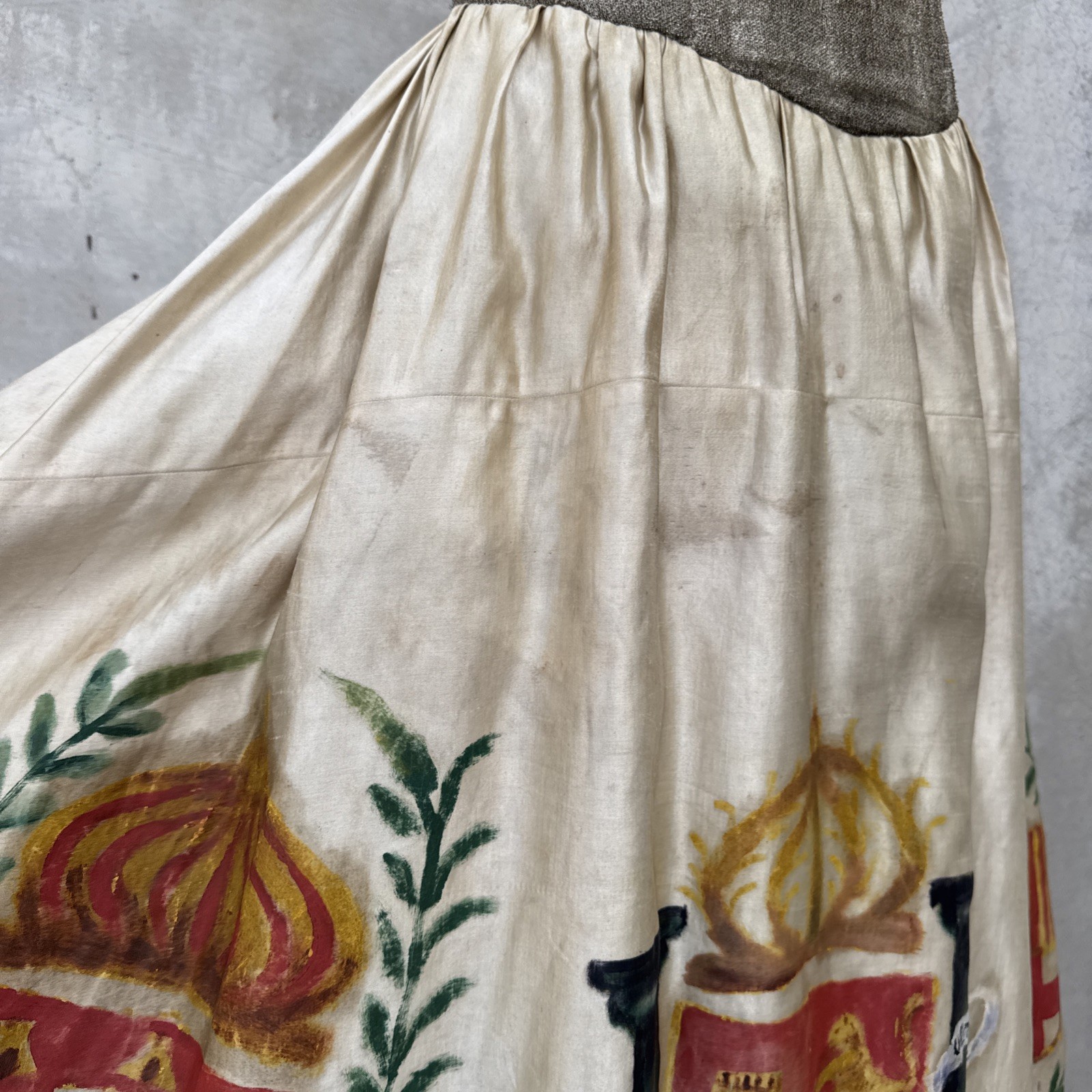 Vintage 1930s Hand Painted Silk Satin & Gold Lamé Dress Crests Snakes Lions
