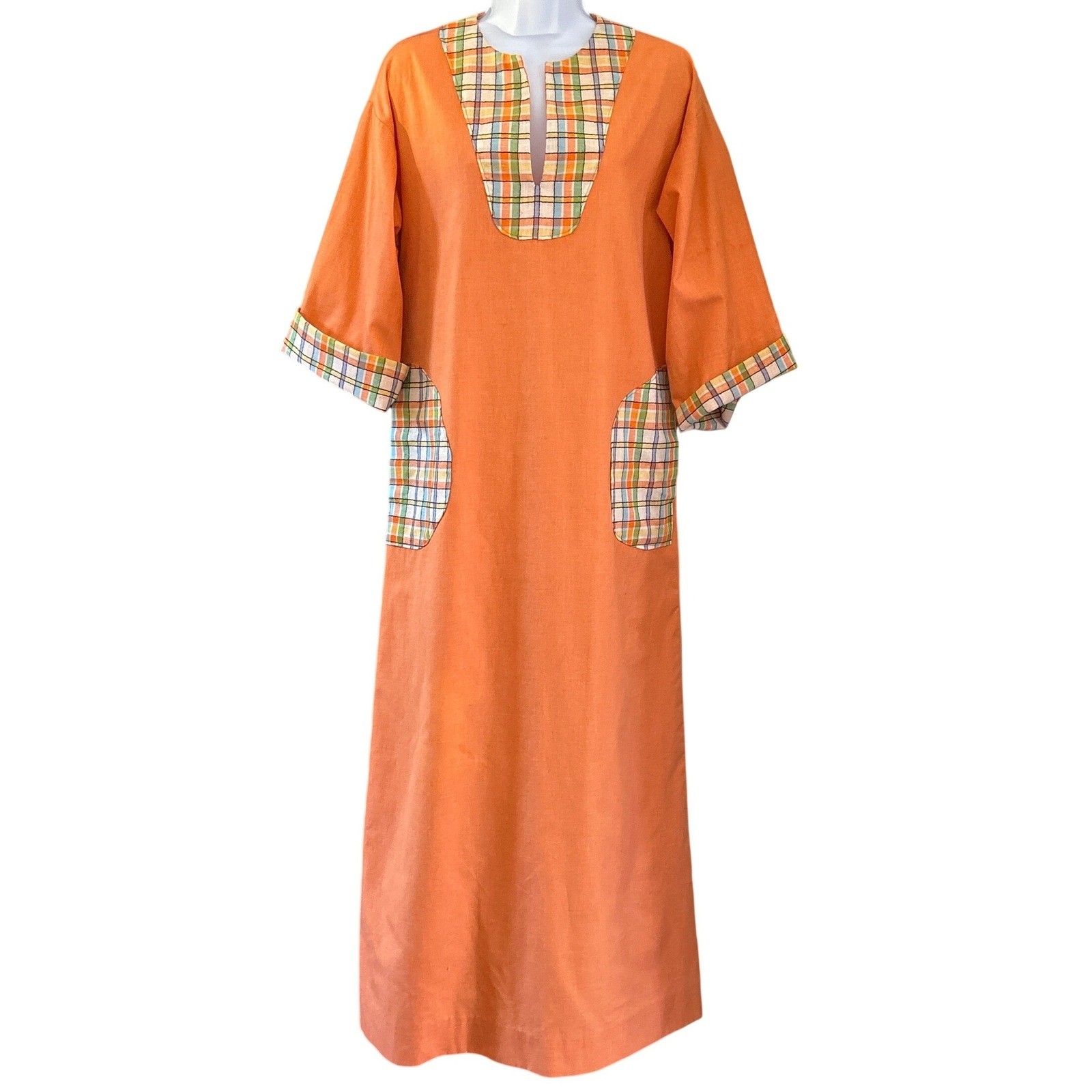 Vintage 70s Kaftan Maxi Dress Boho Retro Plaid Trim Orange Kimono Sleeve Pocket