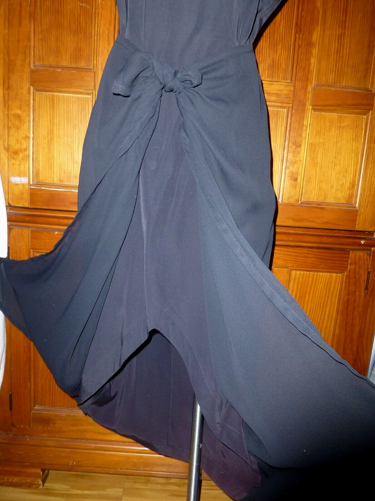 Vtg 80s Black Sarong Wrap Chiffon Skirt Retro Cocktail Sheath Midi DRESS M L