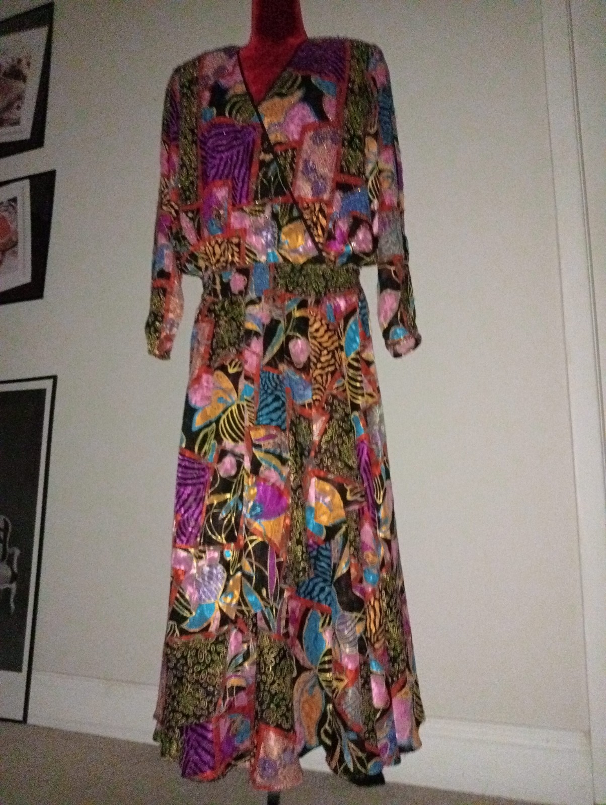 Vintage Diane Freis Georgette Maxi Dress purple turquoise black vibrant Boho