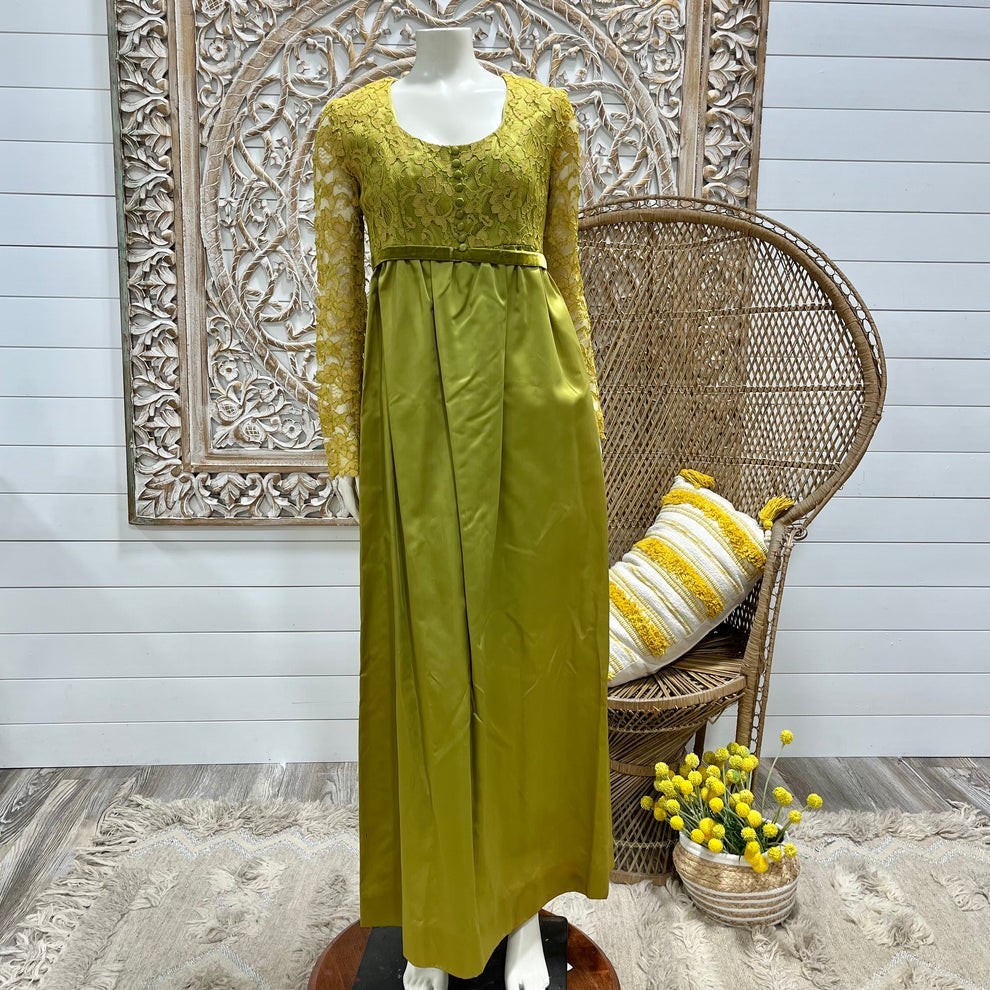 60s Mod Chartreuse Green Lace Elegant Evening Dress