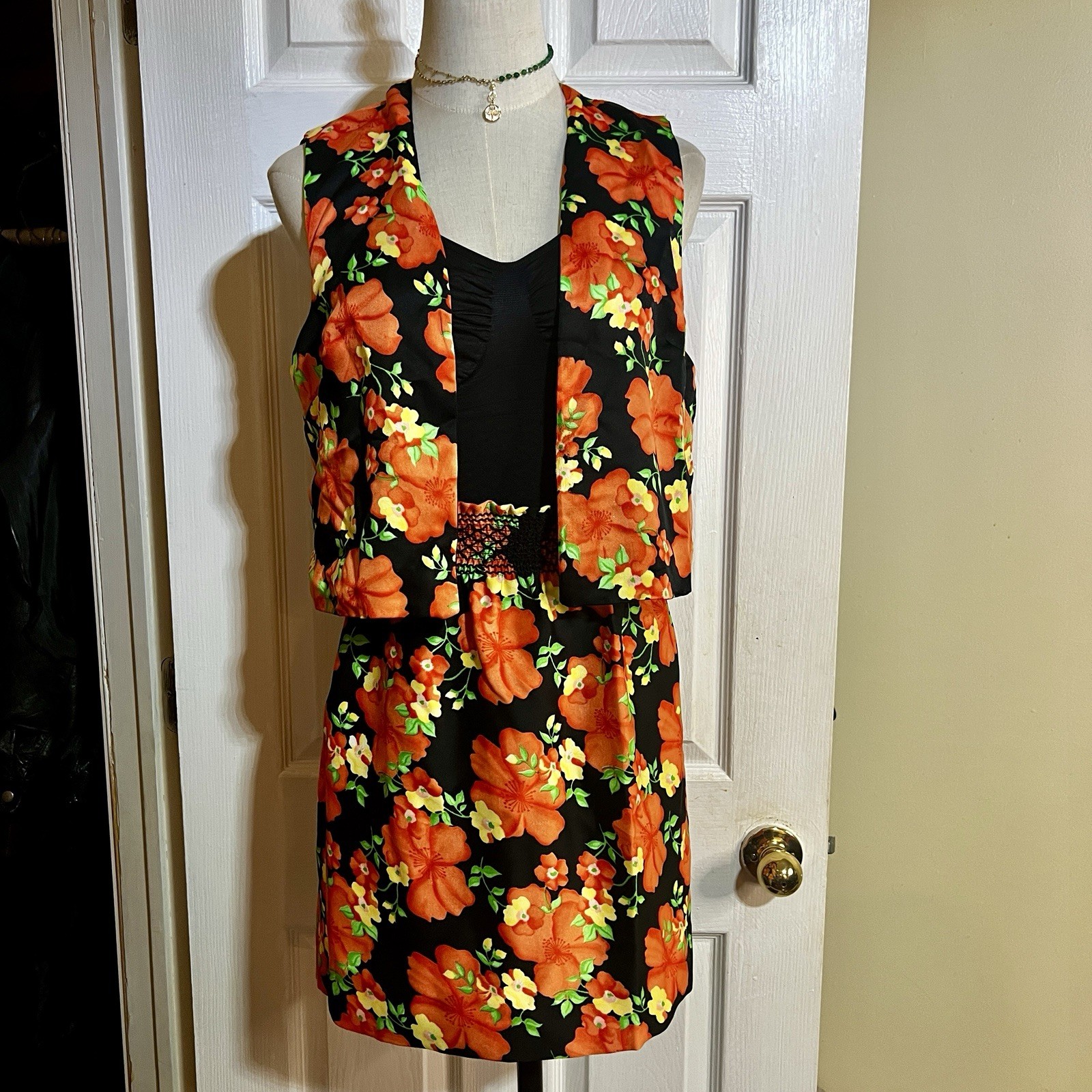 Vtg Wms 2Pc Floral Coral Vest Mini Skirt Retro Preppy Mod Boho Casual Set M/L
