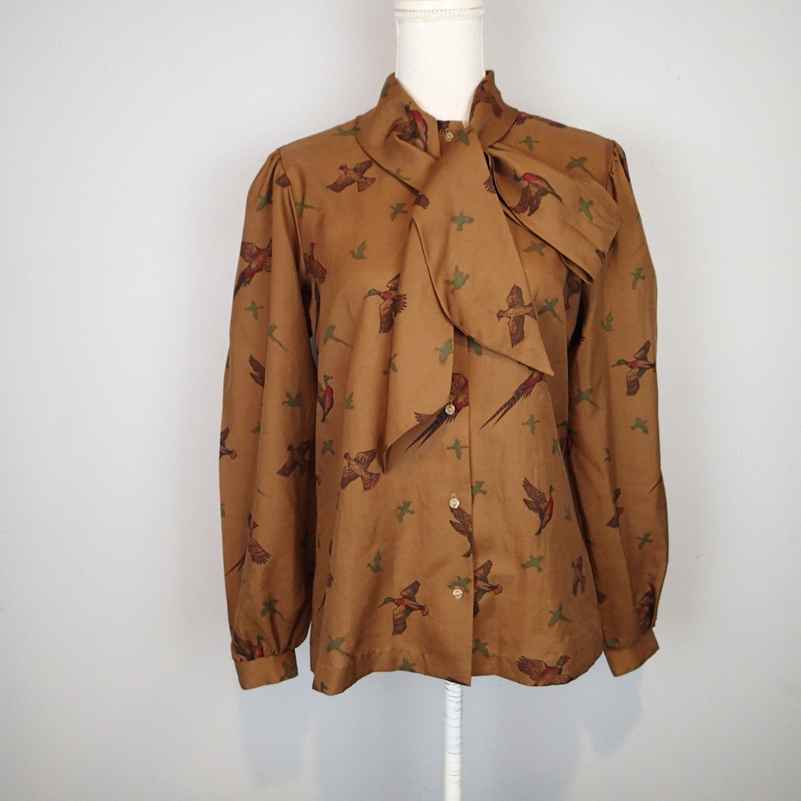 vtg Jantzen Women’s Button-Up Shirt birds Tie Neck blouse top sz 12