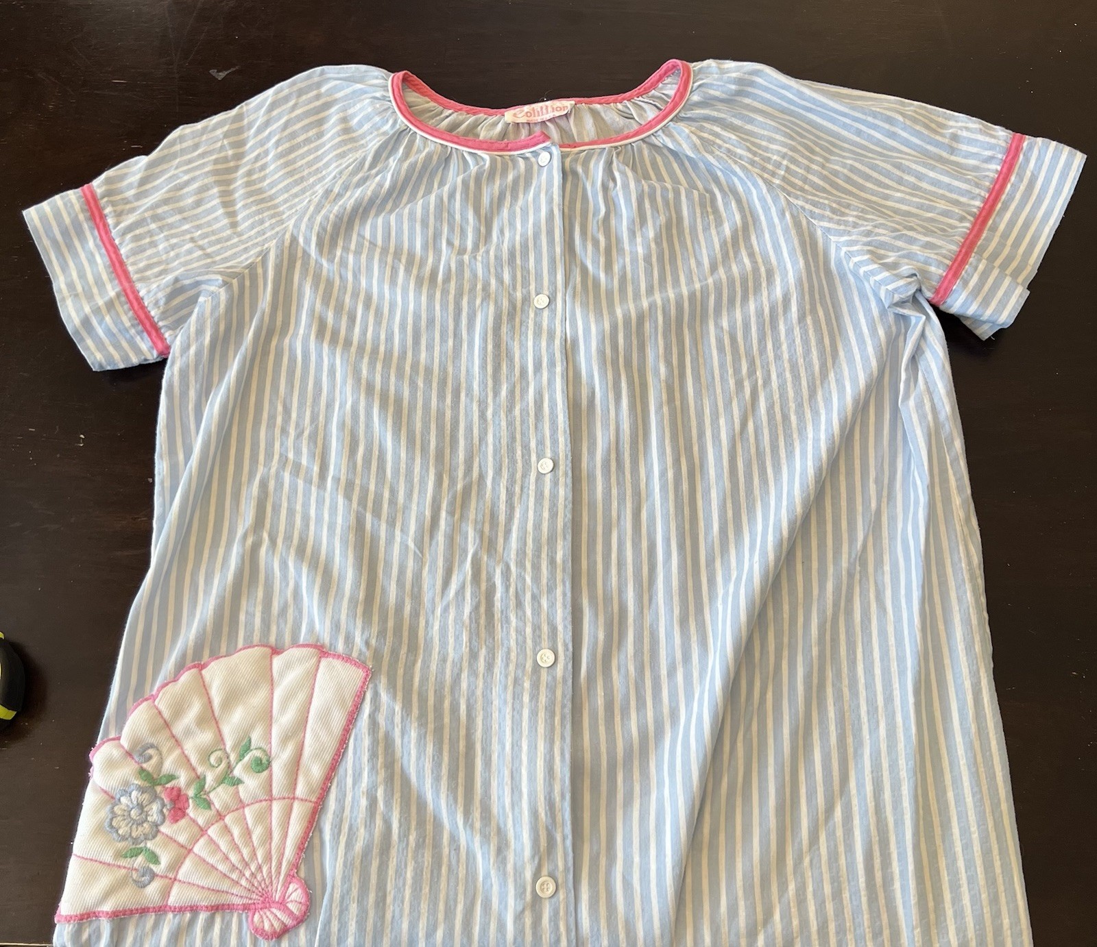 Cotillion Vtg Nightgown Blue Striped Floral Seashell Pocket Sz L NO SIZE TAG