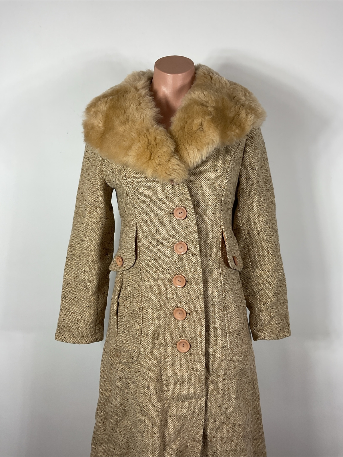 70s VTG Tweed Trench Pea Coat Shearling Lamb Collar Jacket S/M UNION NWT NEW