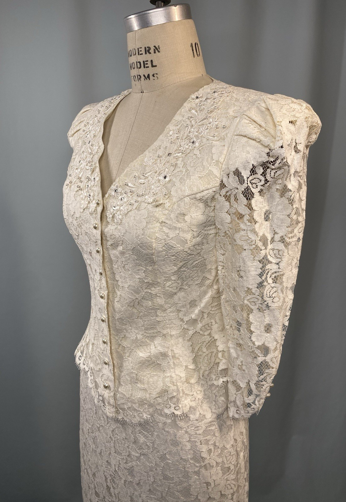 Vintage Skirt & top set SIZE SMALL 9/10 Ivory white lace wedding CACHET 80s 90s