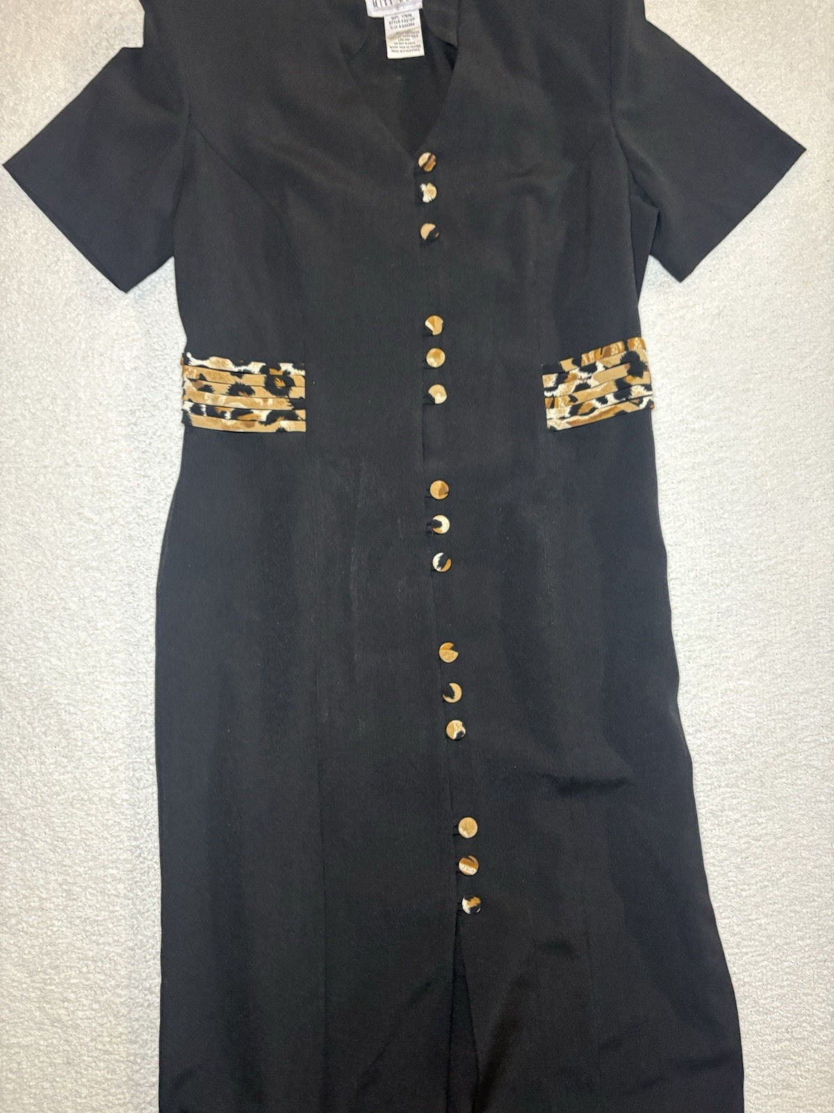 90s Button Front Black Dress with Leopard Print Accents Size 8 Miss Dorby