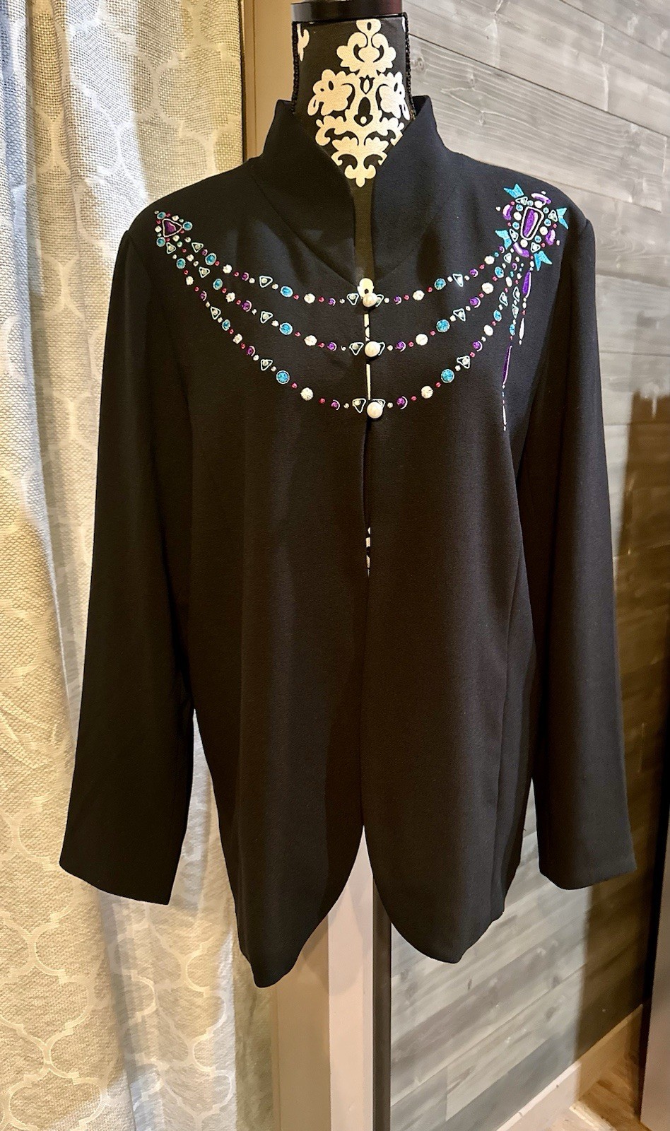 90s Bob Mackie Wearable Art Jacket NWT Black Embroidered Necklace Rhinestone L