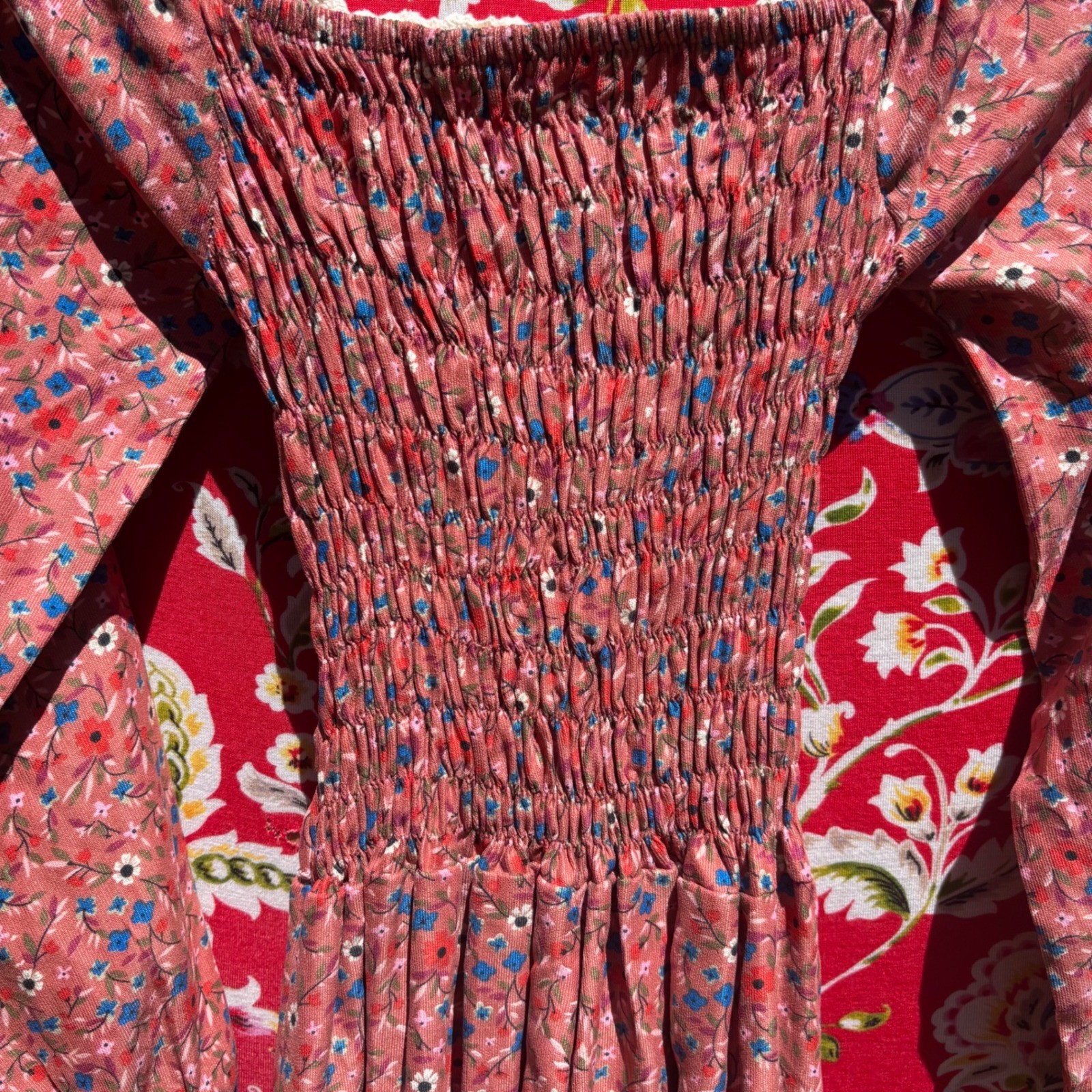 VTG Pink Floral Smock Milkmaid Prairie Lace Trim Peasant Sleeve Dress Size XS