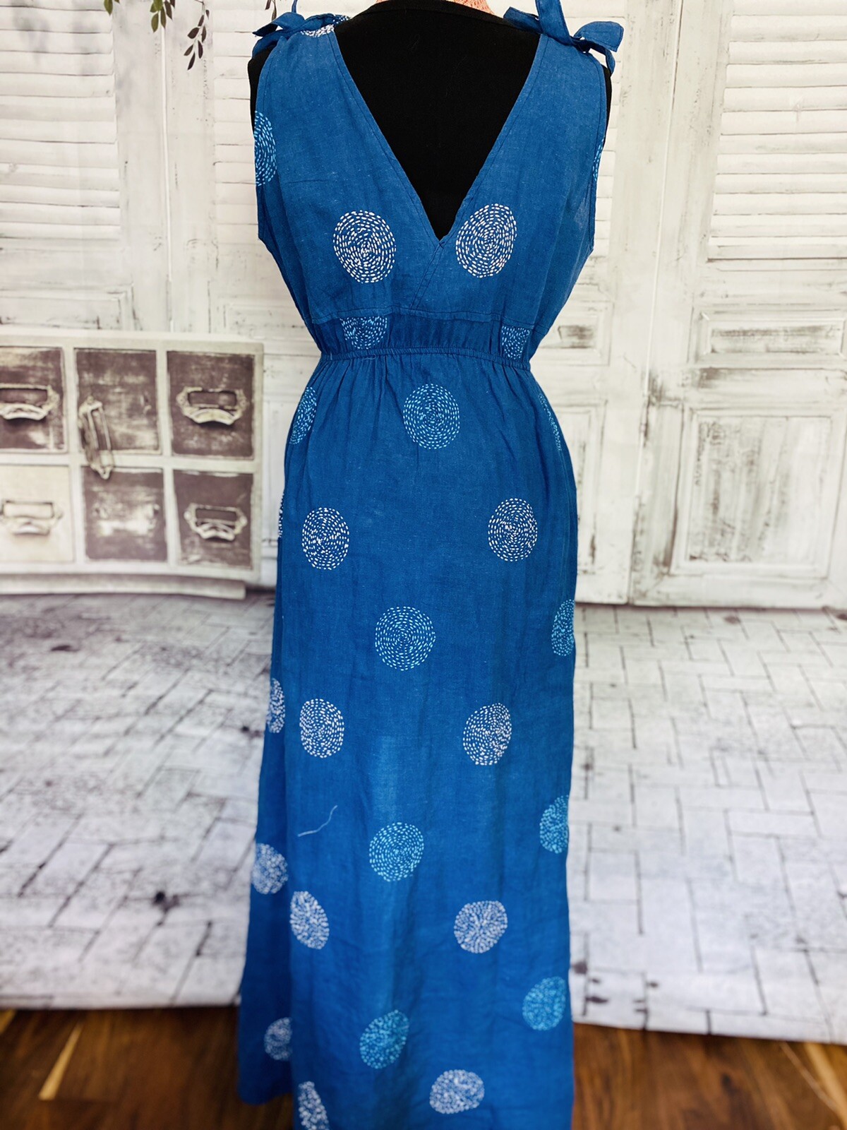 HANDMADE INDIGO KANTHA/SASHIKO EMBROIDERY GEOMETRIC MAXI DRESS SKILLED ARTISANS