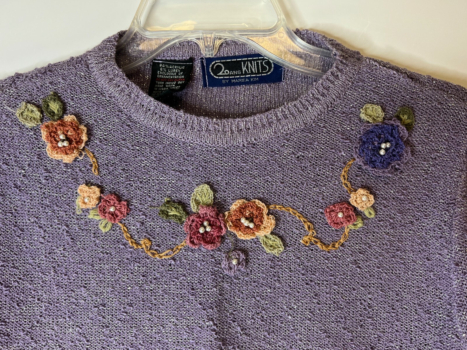 Vintage Mariea Kim Purple Metallic Sweater Embroidered Flowers Faux Pearls-M