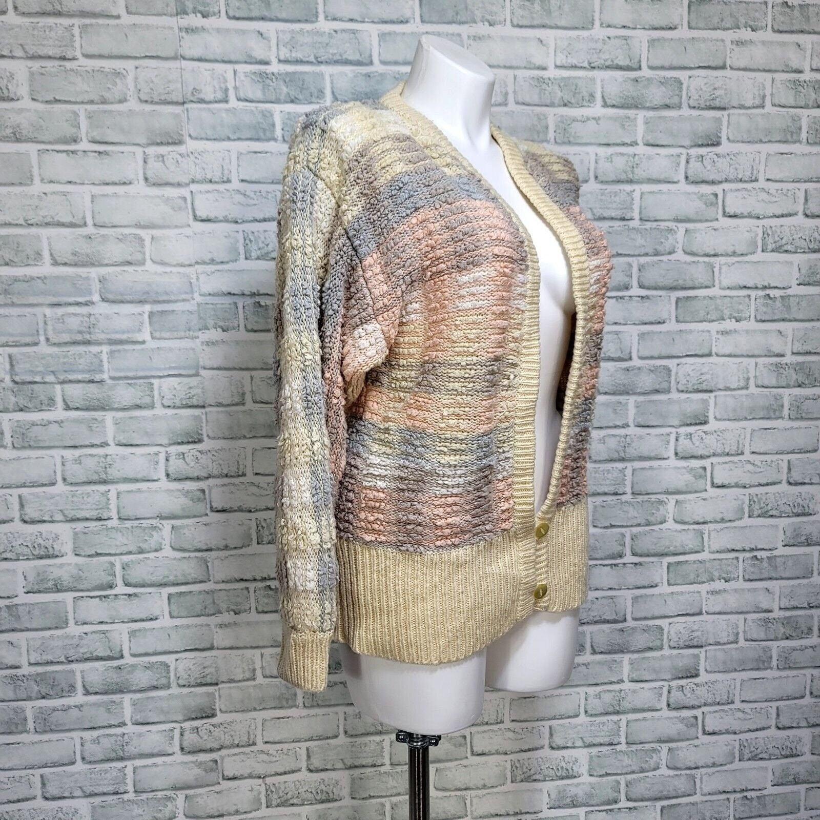Vintage 80s Lindsay Scott Pastel Striped Acrylic Cardigan Sweater L Hong Kong