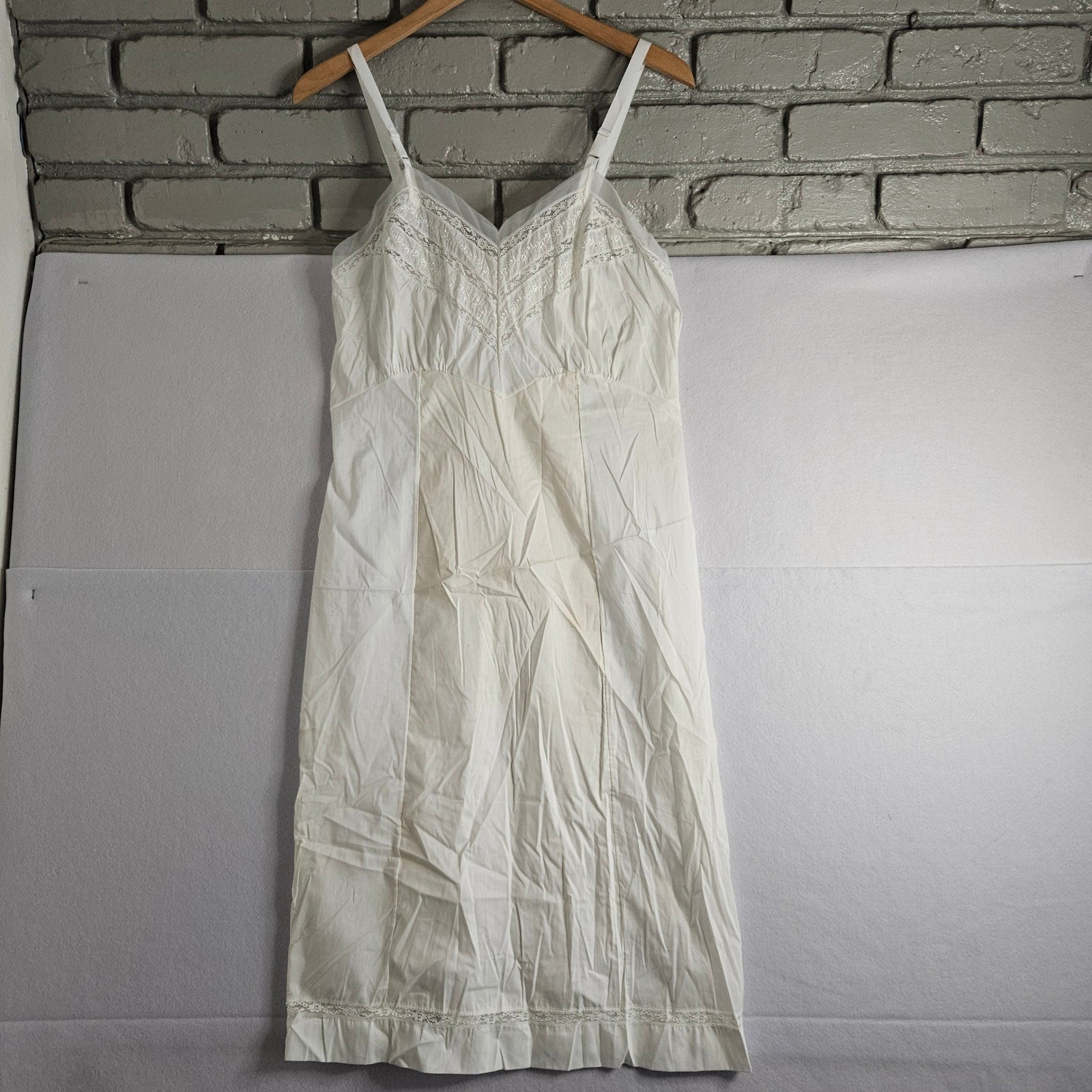 Vtg Penneys Adonna White Lace Trim Full Slip Nightgown Cotton Blend 36 Tall 60s