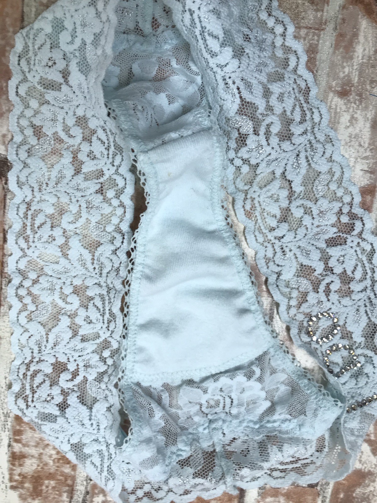 Hanky Panky Celeste Sky Blue Signature „I DO” Lace Low Rise Thong sz Med