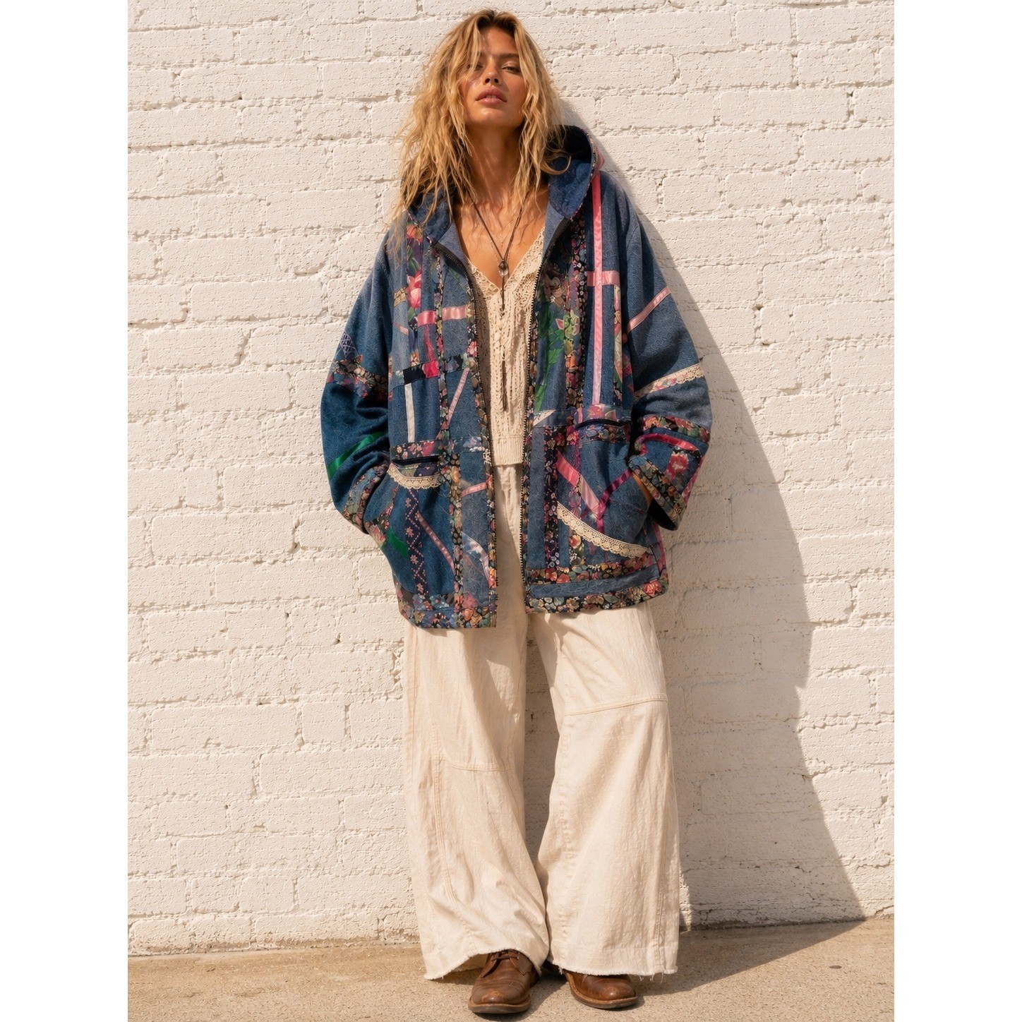 Vintage Patchwork Quilted Jacket Hooded Boho Oversized Denim Coat L XL