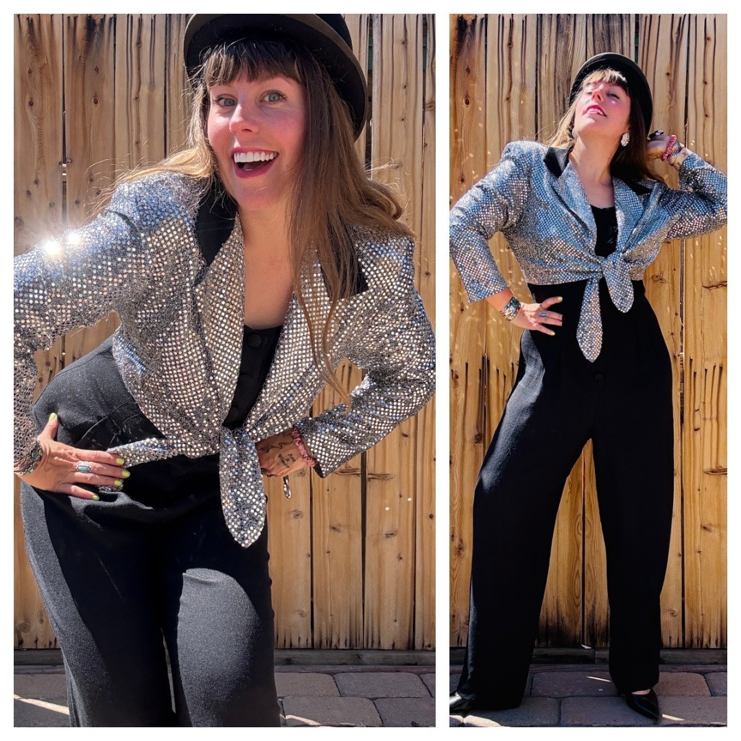 Vintage Jumpsuit 80s 90s Menu Black Silver Sequin One Piece Dressy Jumpsuit M/L