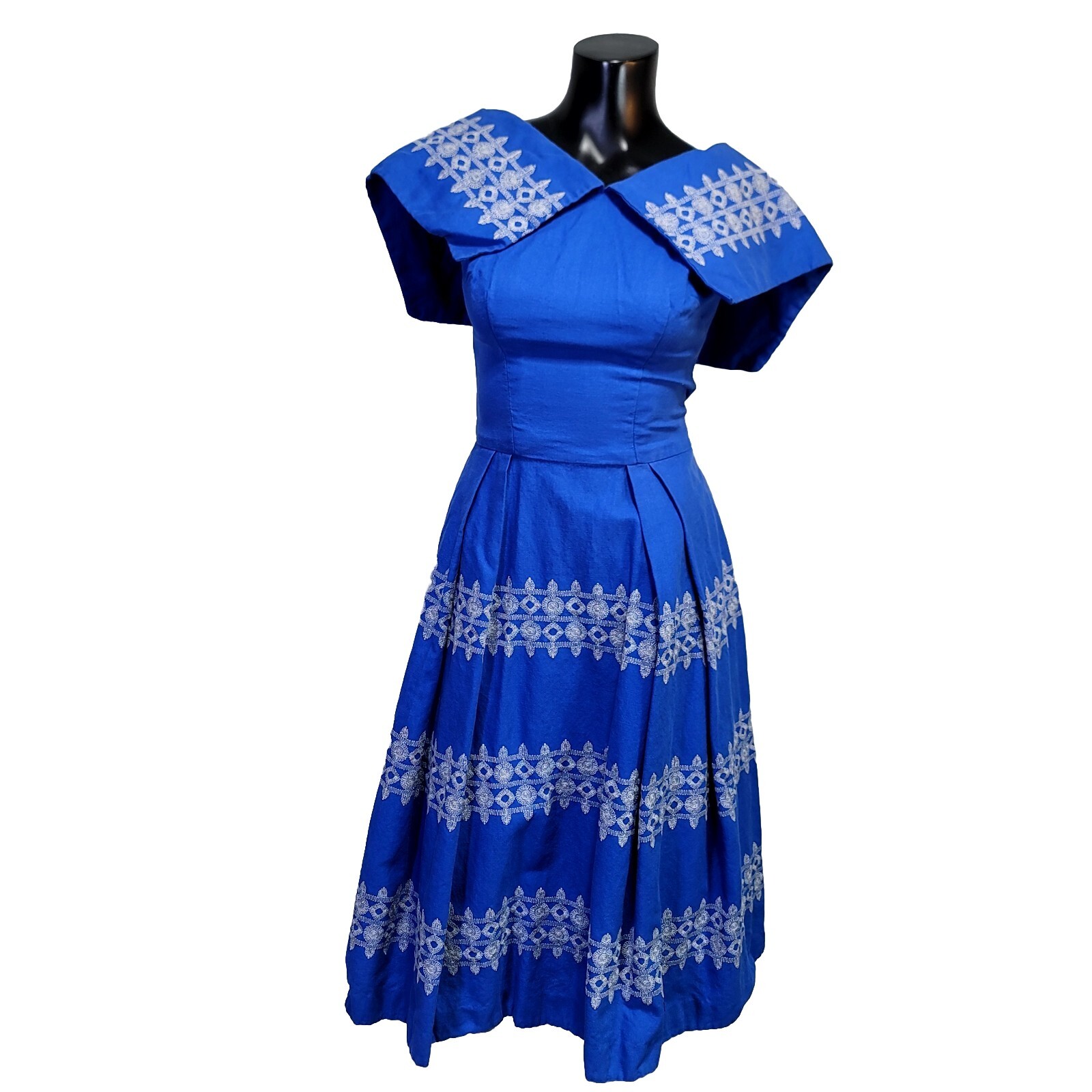 Vintage 50s 60s Carolina Womens XS Royal Blue White Embroidered Fit Flare Dress