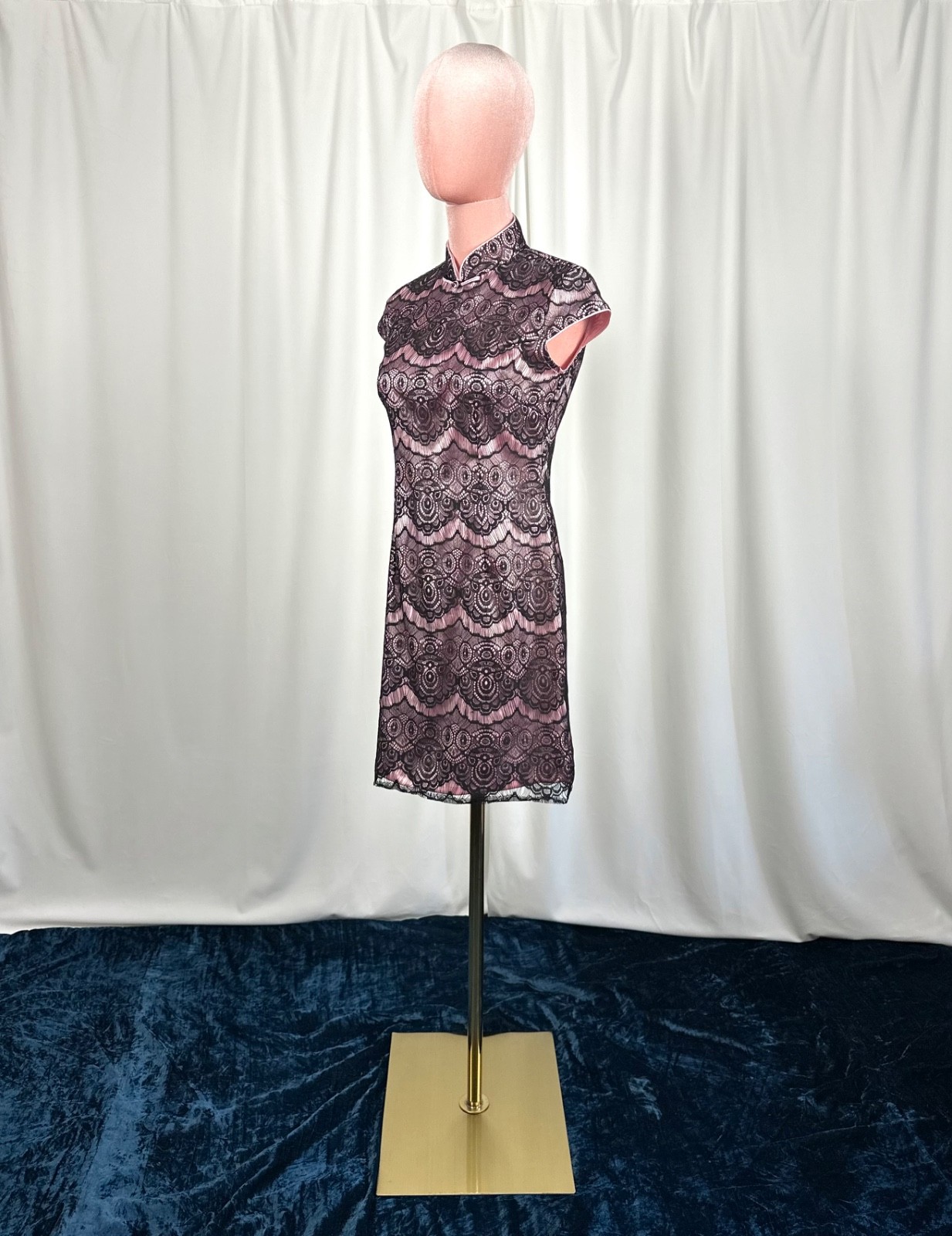 Vintage Lace Mandarin Collar Dress XS Pink Black Cocktail Party Beijing Purchase
