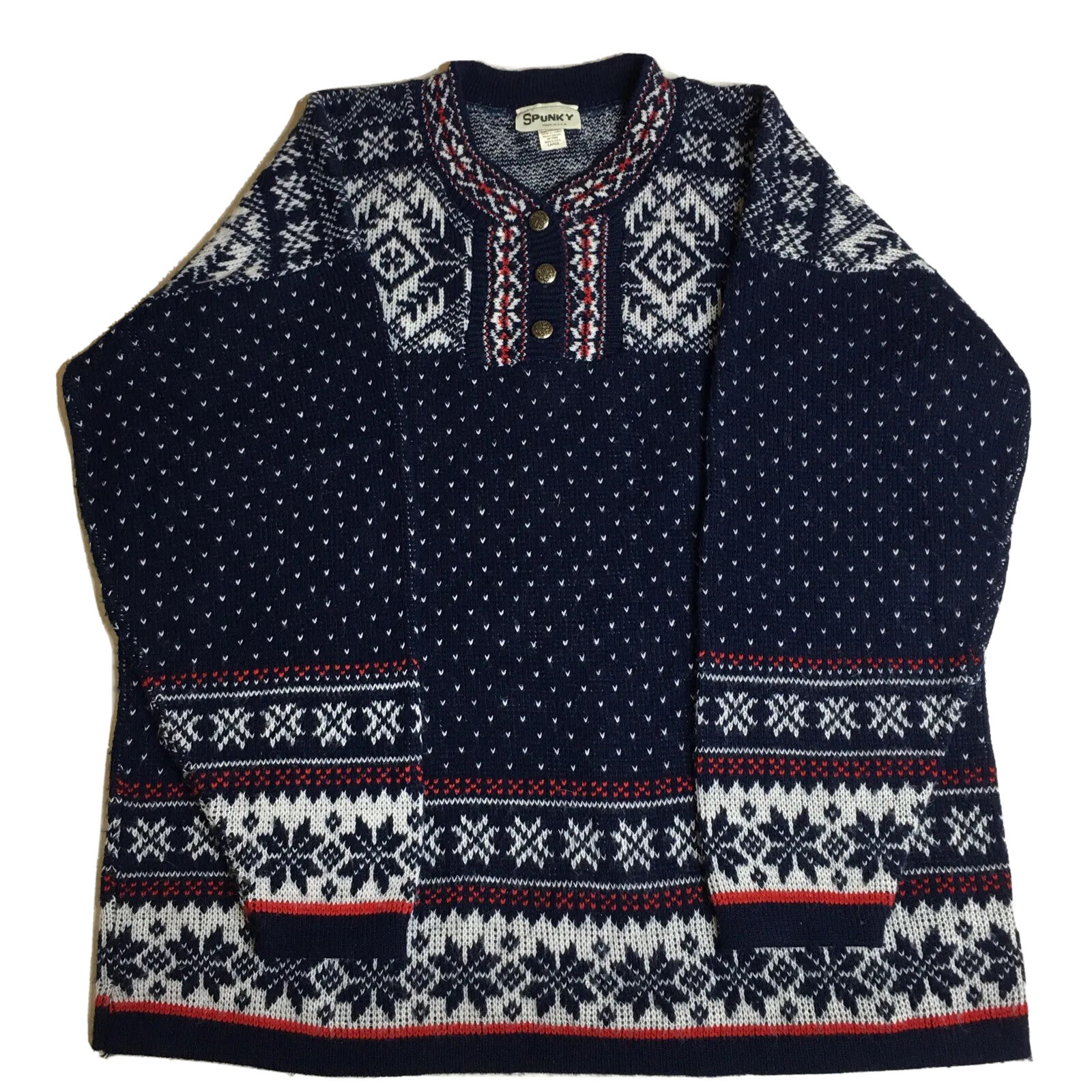 Vintage Spunky Size L Nordic Navy Blue White Red Pullover Sweater Made in USA