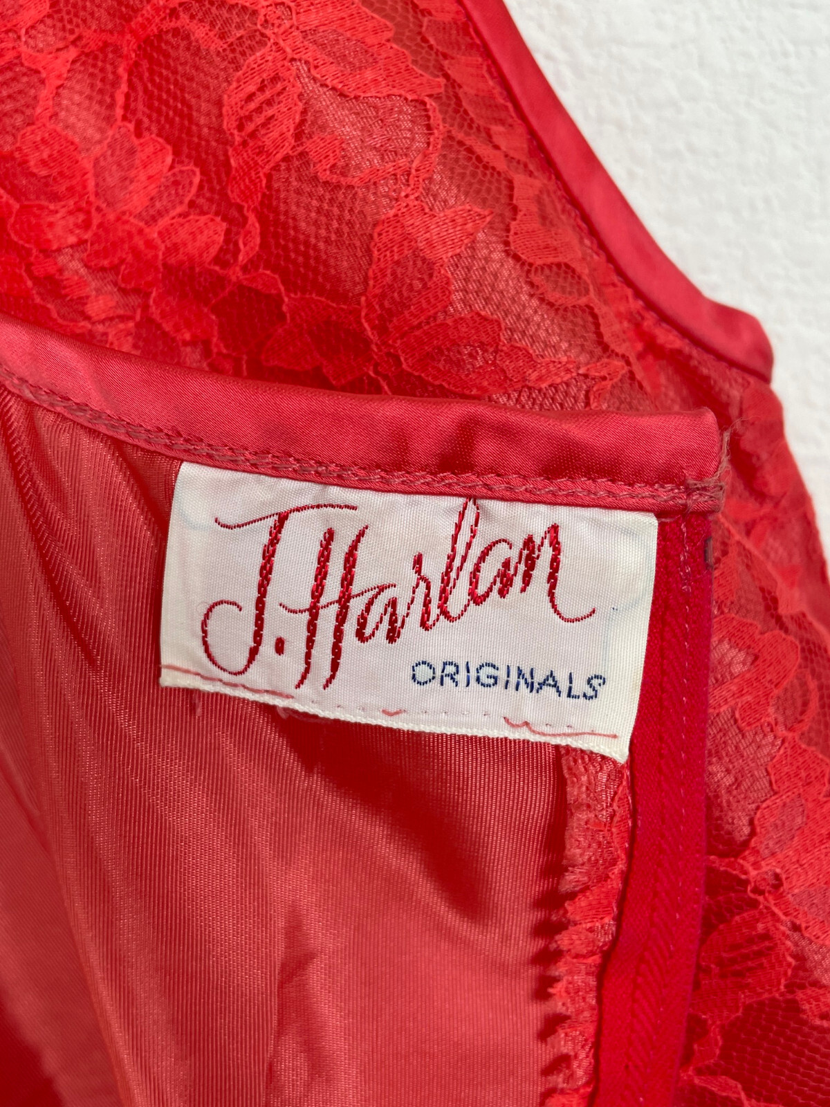 Vtg 50s CORAL LACE Dress J. Harlan Rockabilly Pinup Red Party Sheer Sexy 1950s