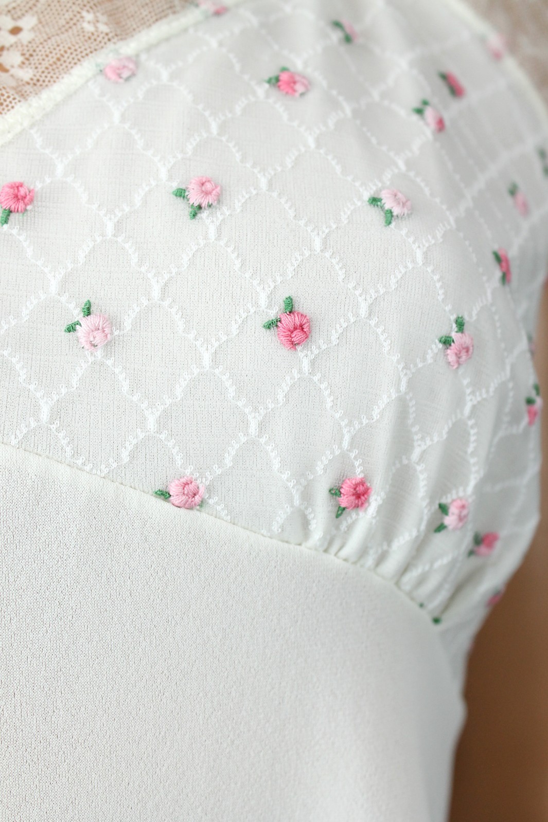50s Velrose Full Slip 36 White Pink Embroidered Chiffon Short Mini Dress Slip