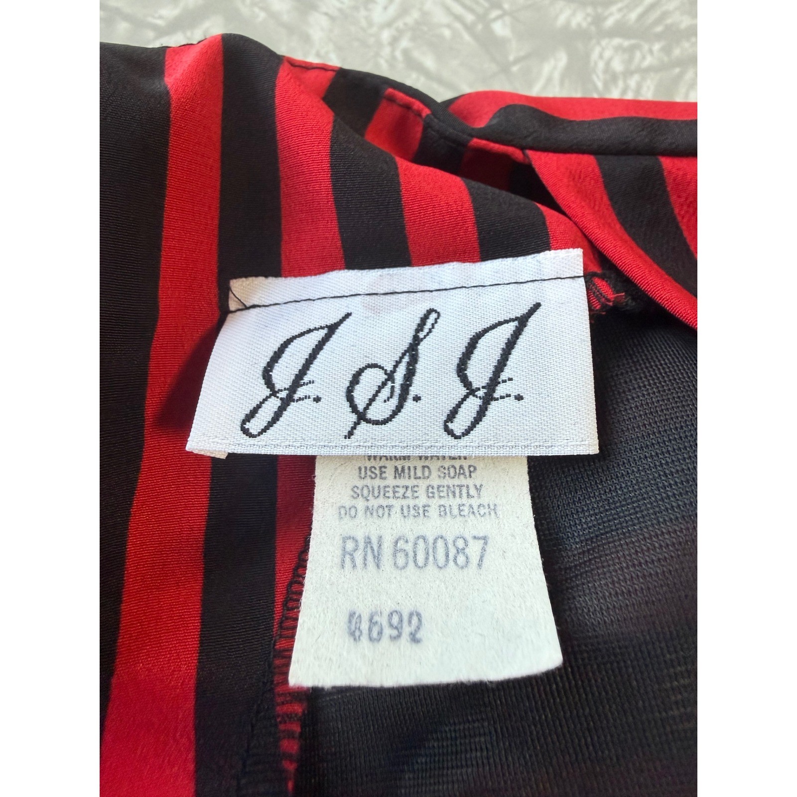 JSJ Vintage 80s Red Black Striped Pleated Midi Dress Puff Sleeve Rockabilly
