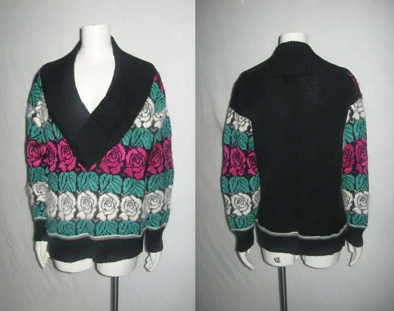 VTG Imari Made Hong Kong Black Multicolor Floral Pattern Solid Color Sweater M