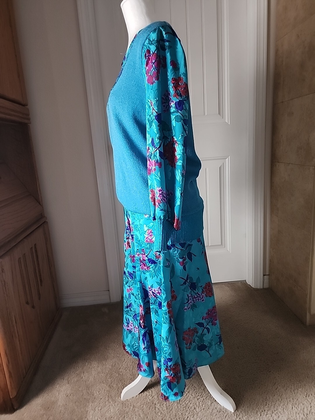Vintage Anthony Sicari Long Sleeve Knit Top Skirt Set Teal Blue/Multicolored 12